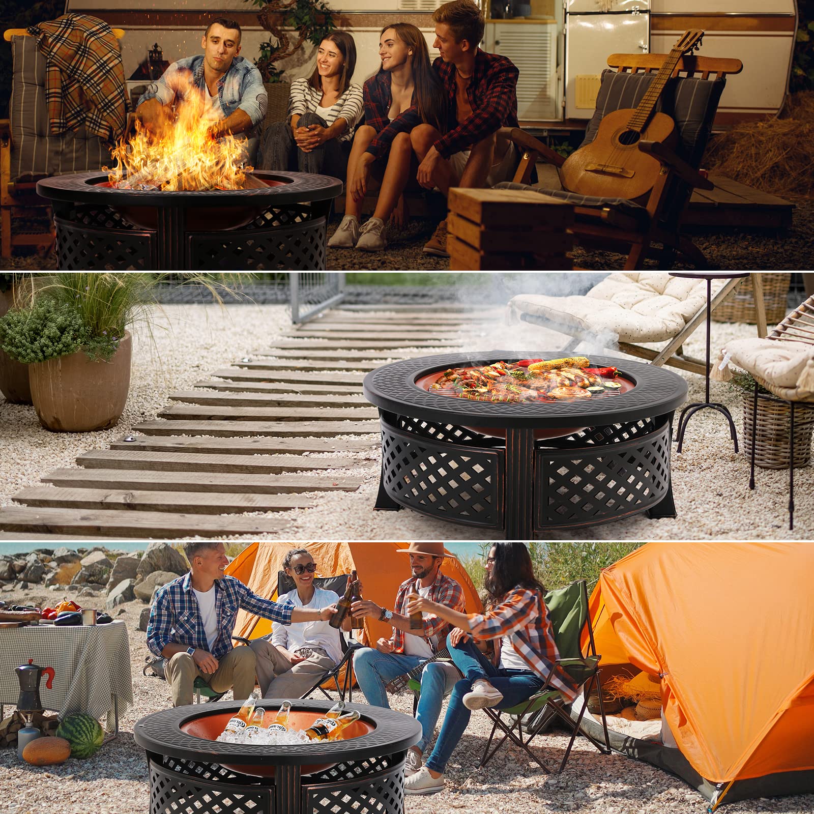 TLSUNNY Braciere da Giardino, Braciere da Esterno Multifunzionale, Braciere Rotondo con Parascintille e Griglia per galvanizzata, outdoor fire pit 80x80x50 cm, per Spiaggia, Camping,Riscaldamento,BBQ