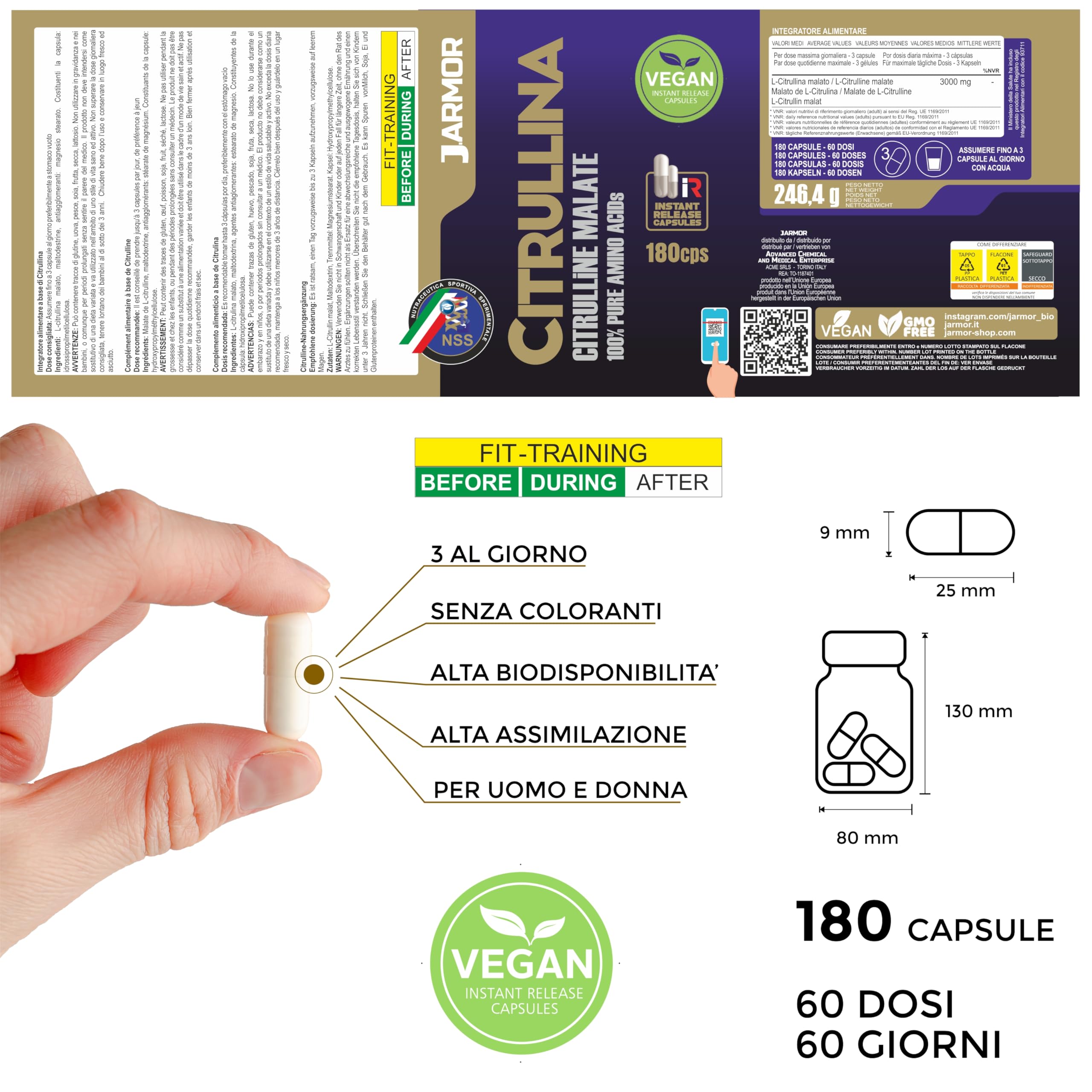 Citrullina Malato Integratore – 180 Capsule Vegane, 1000mg per Capsula (3000mg per Dose) – Pre-Workout Potente per Energia e Performance – Booster di Ossido Nitrico per Uomo e Donna