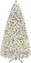 Yaheetech 6ft Pre-lit Flocked Artificial Christmas Tree with 250 Warm White LED Lights, 780 Tips & Foldable Stand, Holiday Decorative Tree, 8 Lighting Modes, 183 cm, Green & White