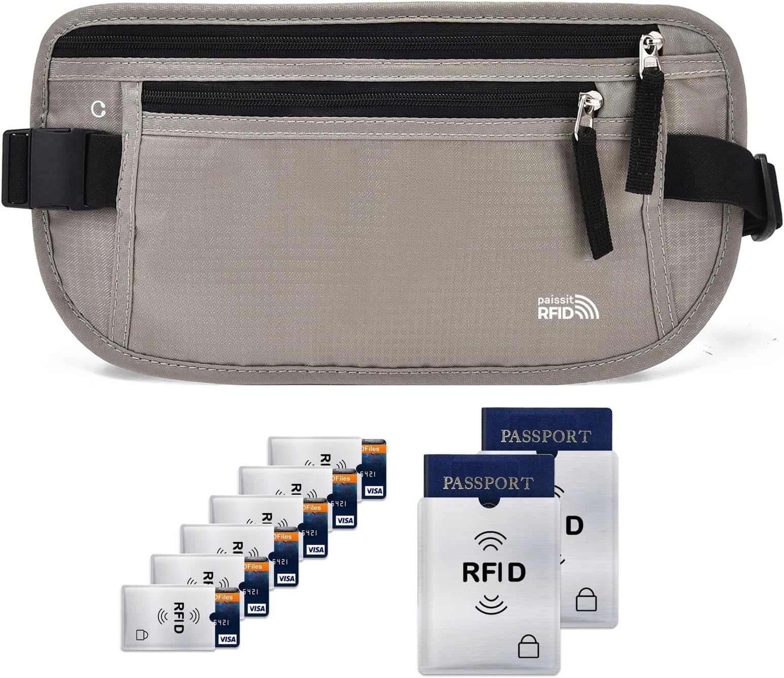 Unisex Money Belt with RFID Blocking Sleeves, Slim Passport Holder RFID Blocking Travel Essentials, Waist Pouch to Protect Cash, Light Grey & 6 Sleeves