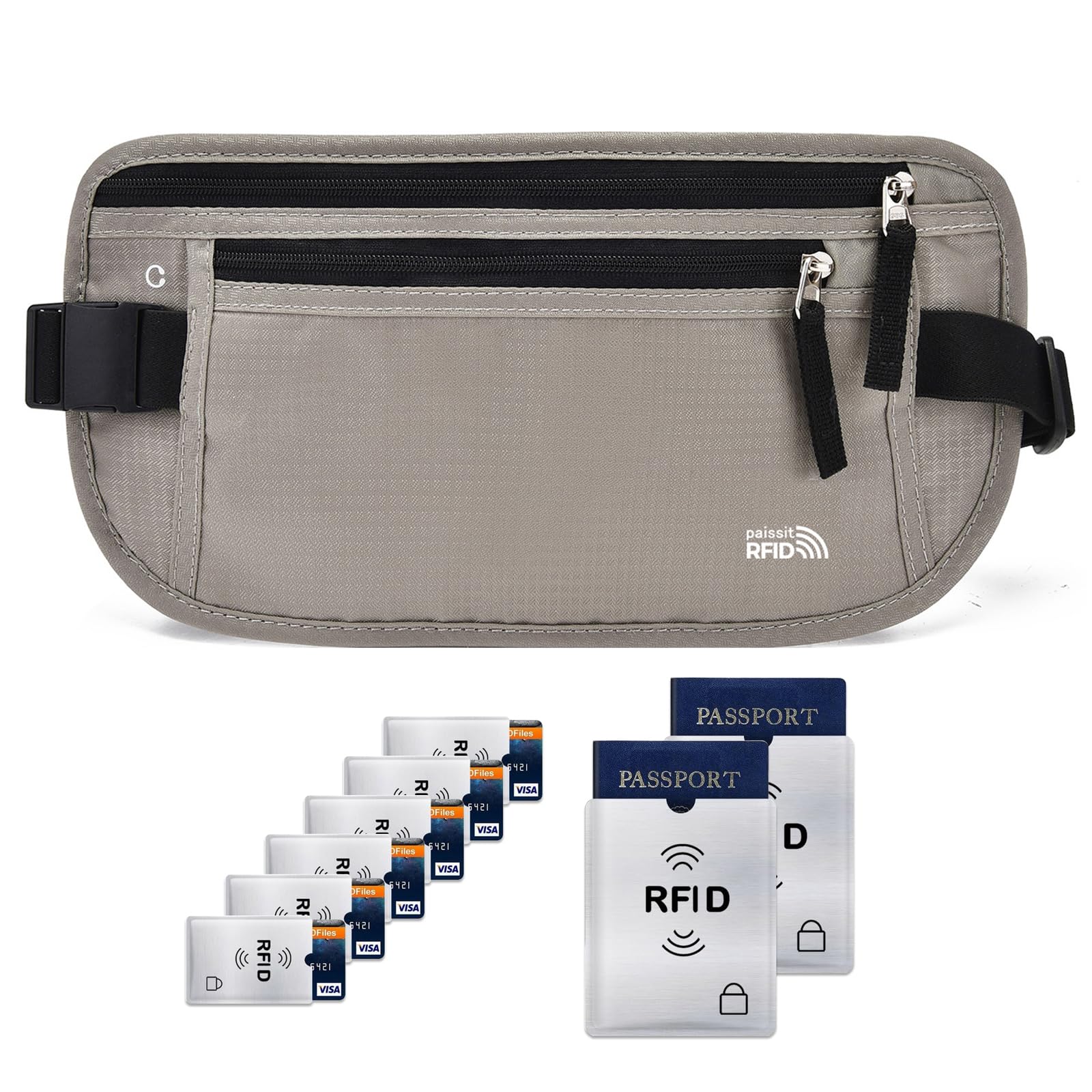 Unisex Money Belt with RFID Blocking Sleeves, Slim Passport Holder RFID Blocking Travel Essentials, Waist Pouch to Protect Cash, Light Grey & 6
