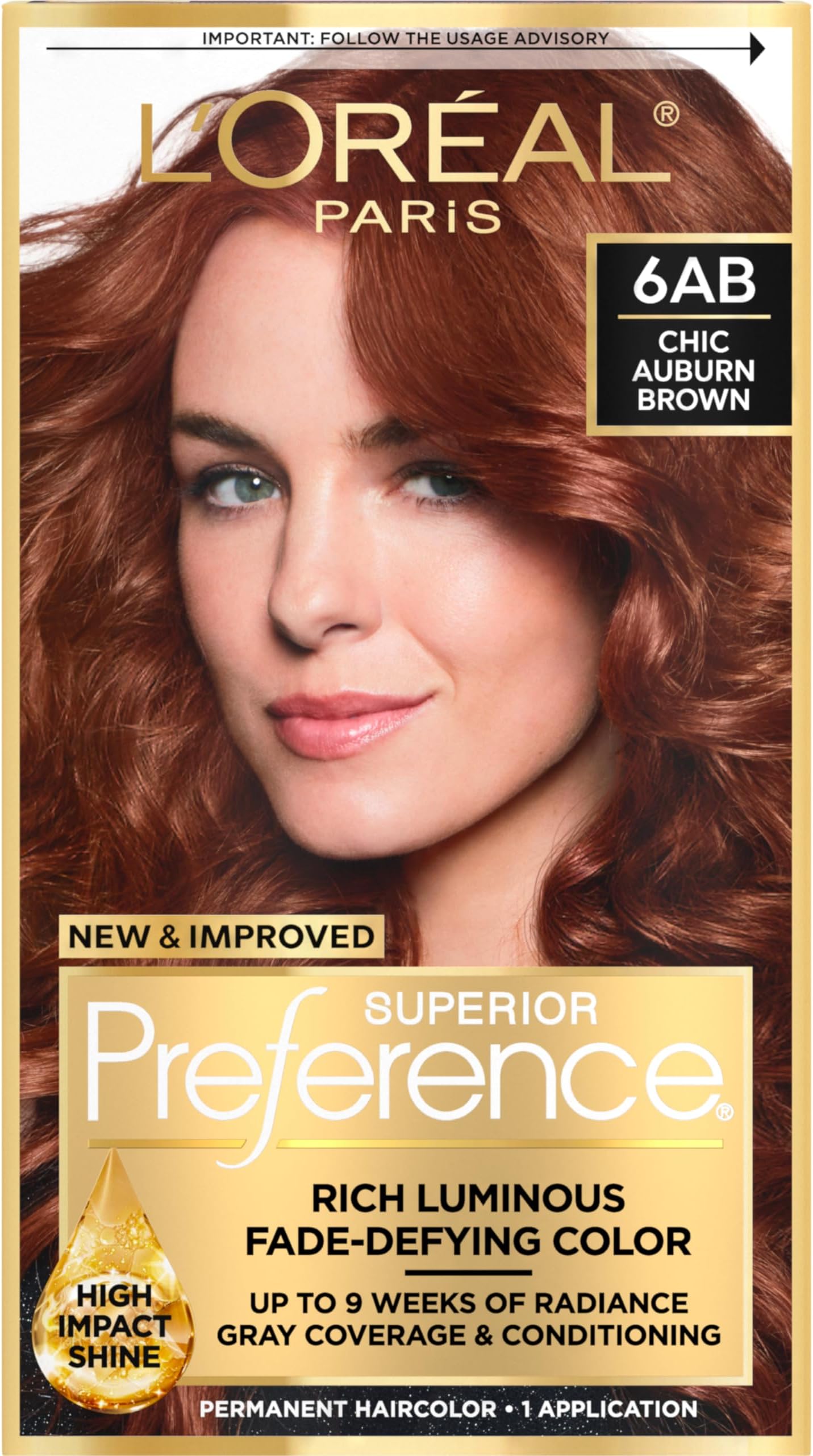 L’Oréal Paris Superior Preference Fade-Defying + Shine Permanent Hair Color, 6AB Chic Auburn.