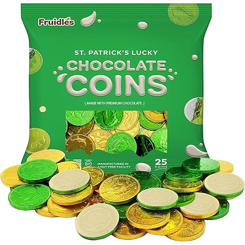 St. Patrick's Day White, Green and Gold Coins, 25 Coins, Belgian Nut-Free Milk Chocolate, Kosher Certified Dairy