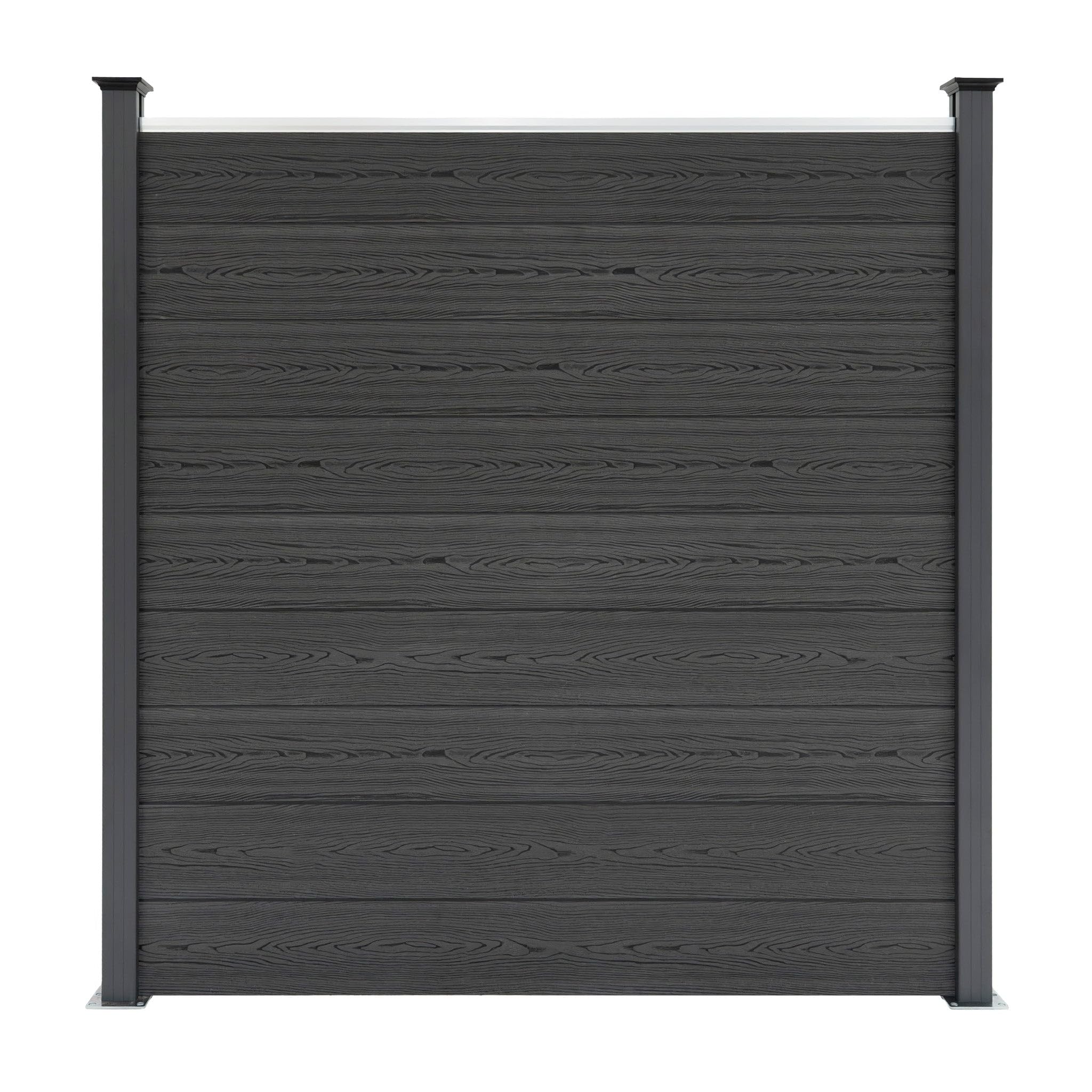 Pannelli Recinzione x2 + 3 Pali LED in Alluminio Grigio Doppia Finitura Effetto Legno PVC 185x180cm Recinto da Giardino Patio Privacy Esterno Solare