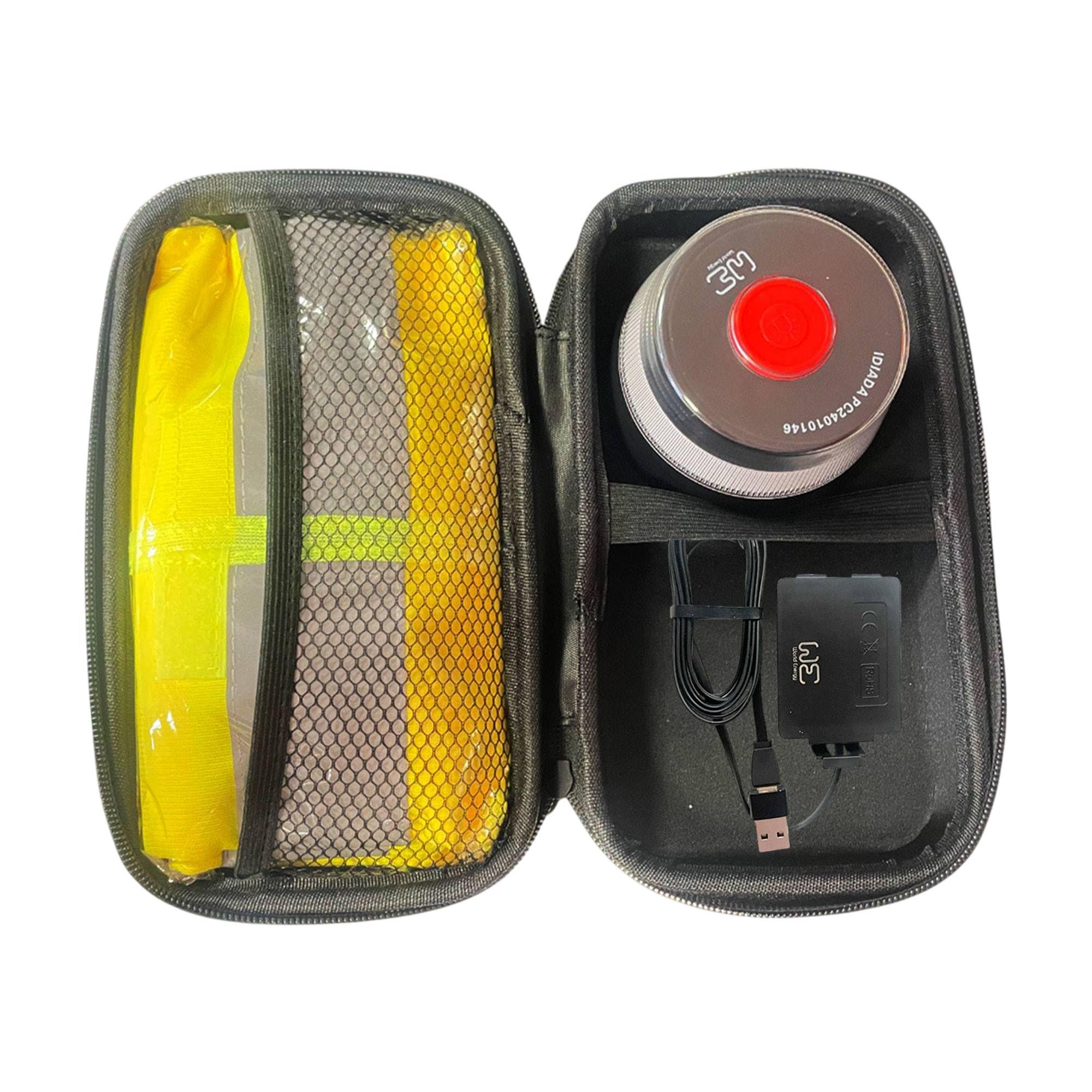 Kit de Seguridad con Funda doble + Chaleco reflectante + Cable de alimentación de baliza + Baliza WE Luz de emergencia V16
