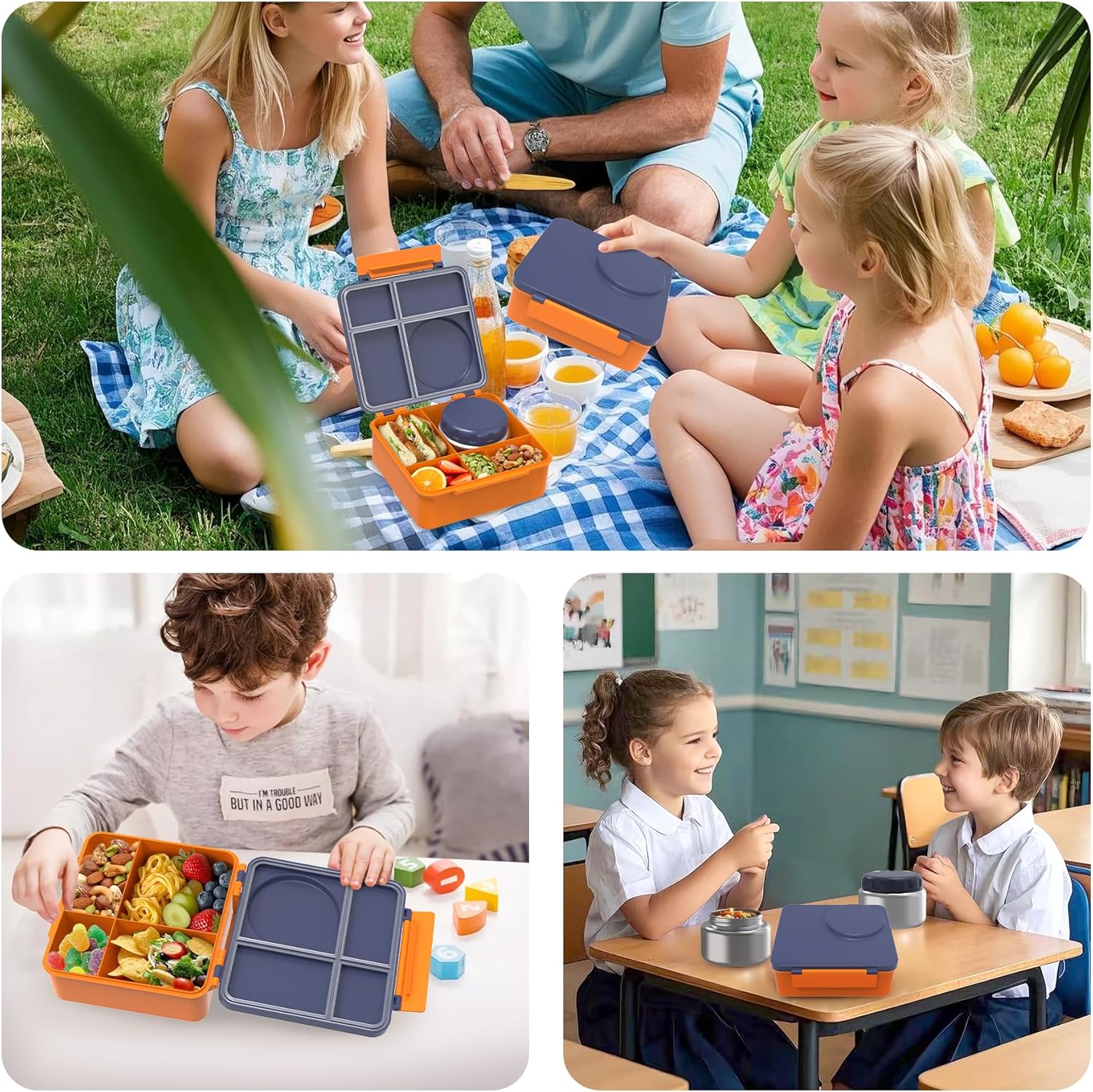 Bento Lunch Box Set for Kids with 8oz Soup Thermo, Leak-Proof Lunch Containers with 4 Compartment, Thermo Hot Insulated Food Jar and Foldable Fork Spoon, for Kids to School (Navy Blue) - Image 7