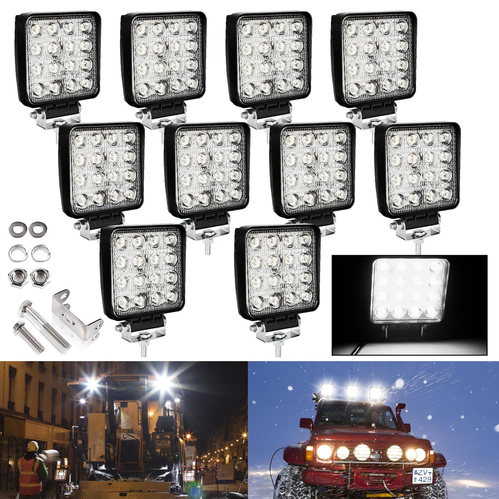 10 pezzi 48W LED fari da lavoro 12V fari ausiliari 4320LM, fari LED 6500K per retromarcia IP67 impermeabili per trattore offroad SUV