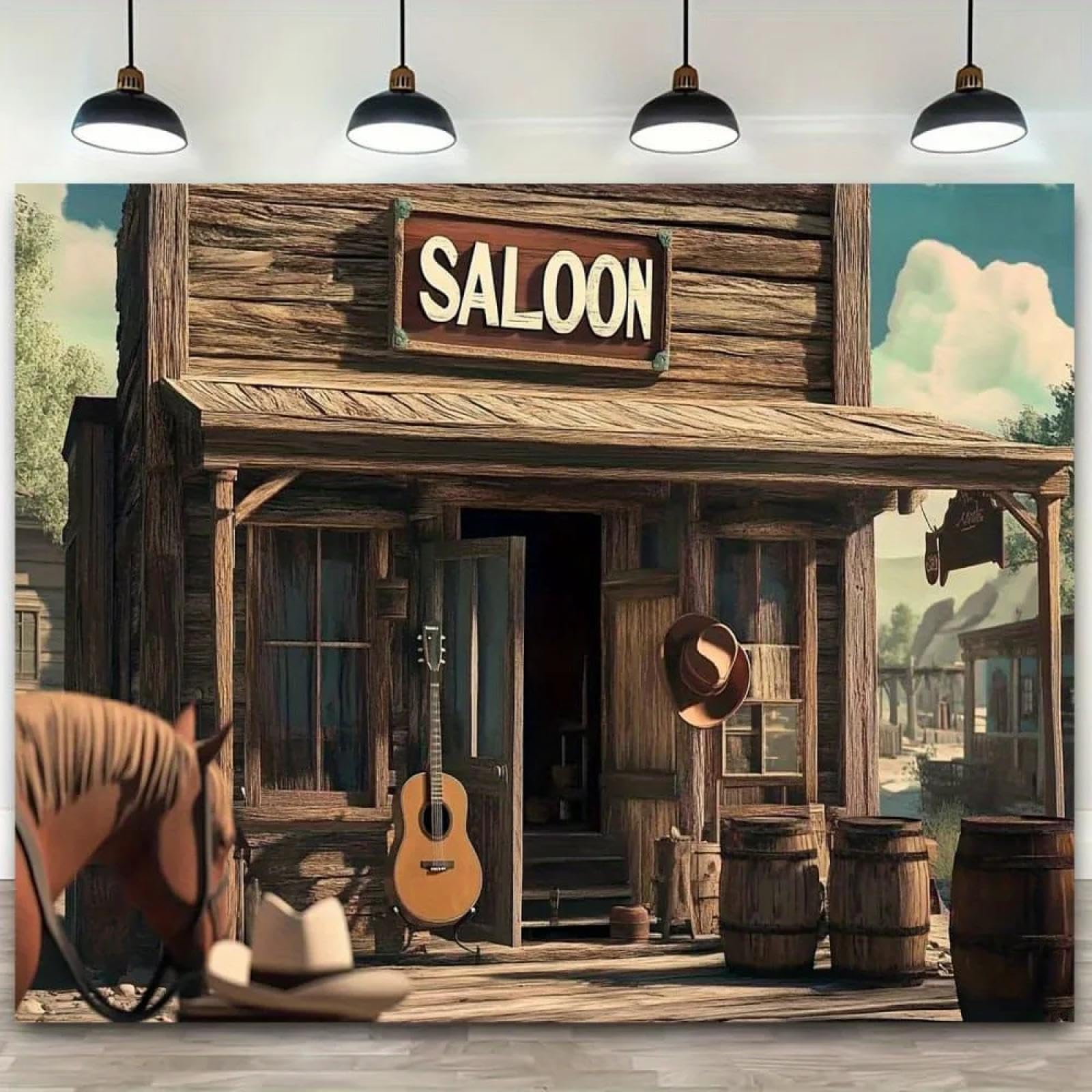 1Pc Cowboy Taverna Sfondo Stile Country Fienile Porta Carrozza Ruota Modello Vinile Festa A Tema