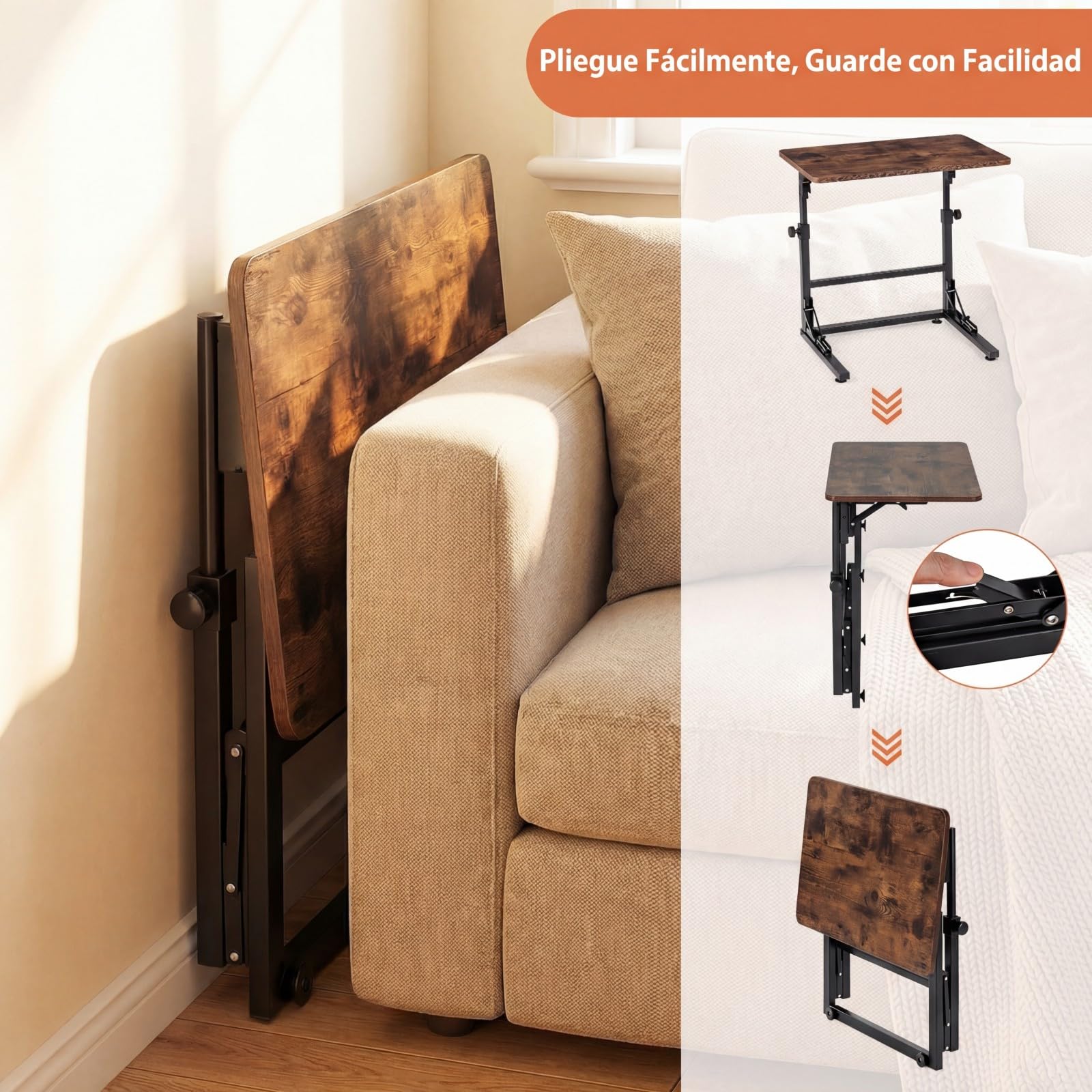 COSTWAY Mesa Auxiliar Plegable en Forma de C, Mesita Lateral para Sofá, Altura Ajustable y Estructura Metálica, Escritorio Industrial para Ordenador Portátil, Salón, Dormitorio, 59,5 x 39 x 51-66 cm