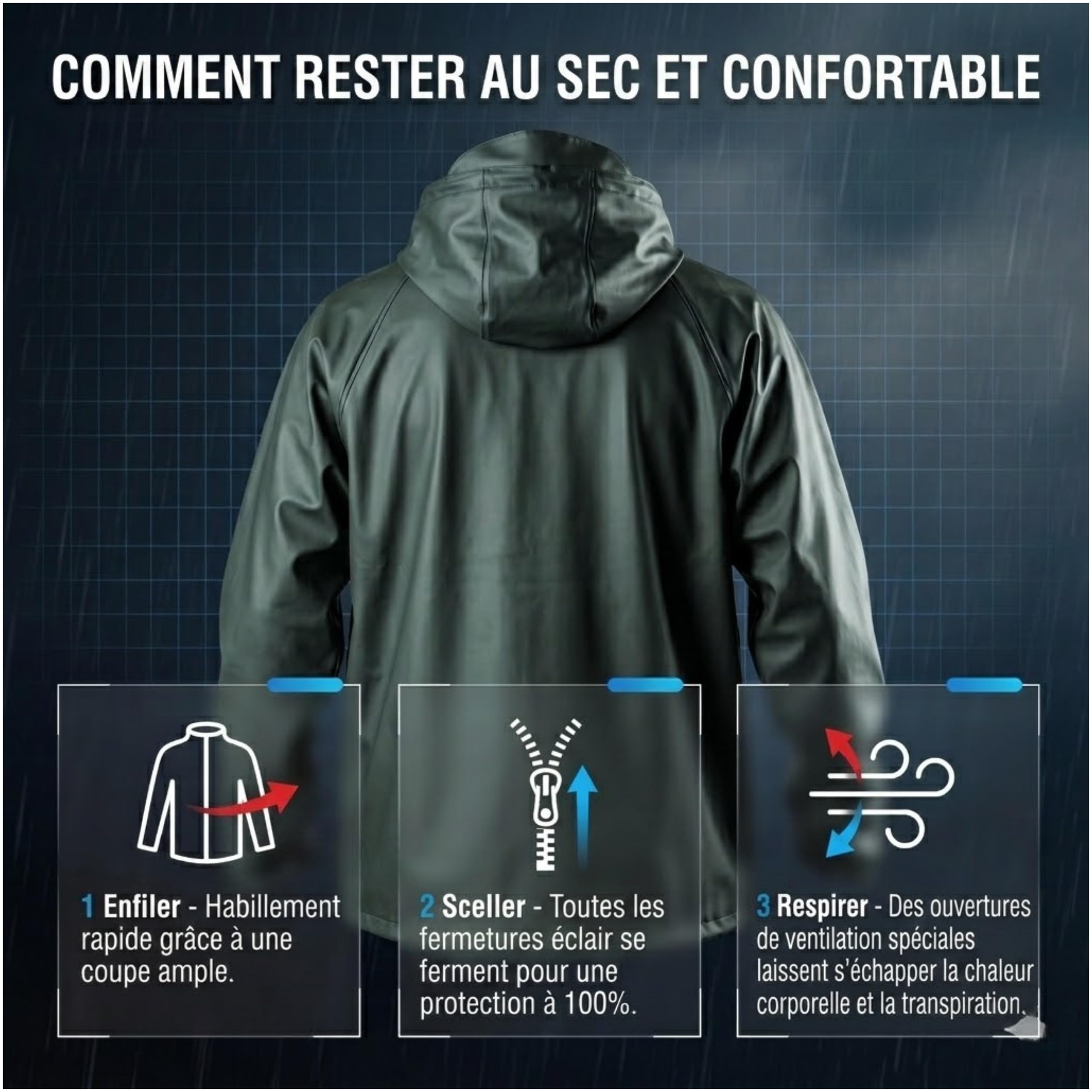 NEO TOOLS Veste de pluie pour hommes avec capuche ou set de pluie avec pantalon de pluie, taille M-3XL | Imperméable EN 343, tissu PU+PVC, 310g/m2, coutures collées, décapage à l'abri de l'eau