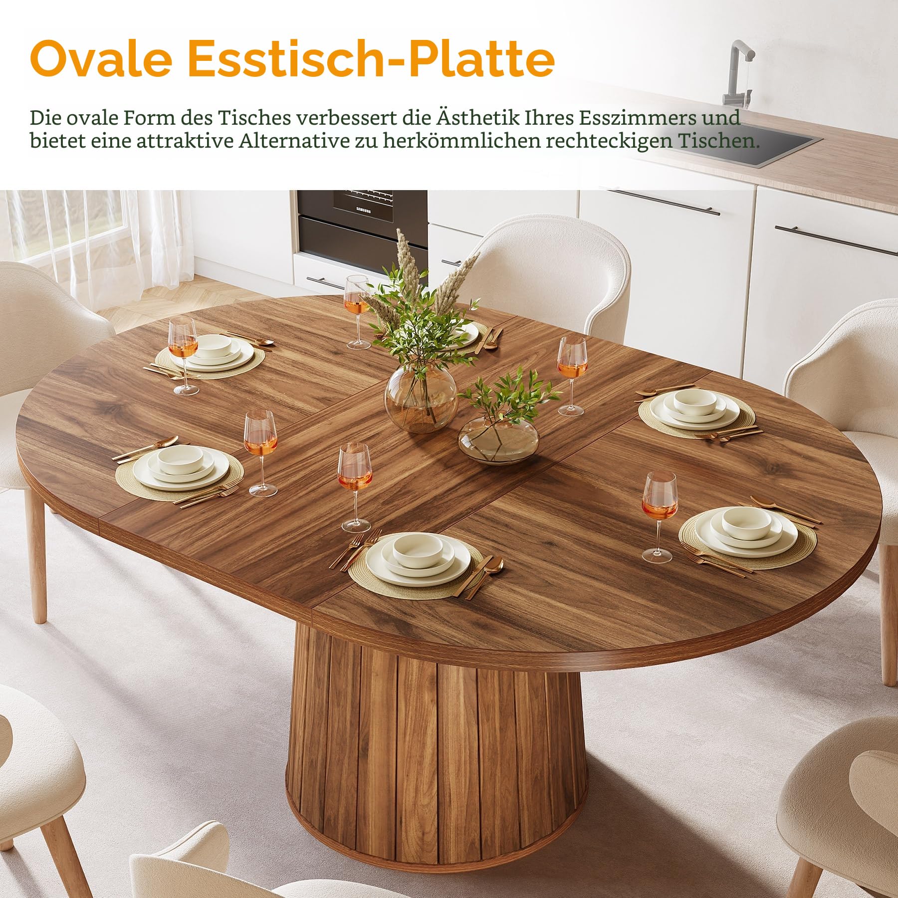 Tribesigns Ovaler Esstisch für 6 Personen, 55,11 Zoll Bauernhaus-Holz-Esstisch, rustikaler Küchentisch mit Holztischplatte und zylindrischem Sockel für Esszimmer (Braun)