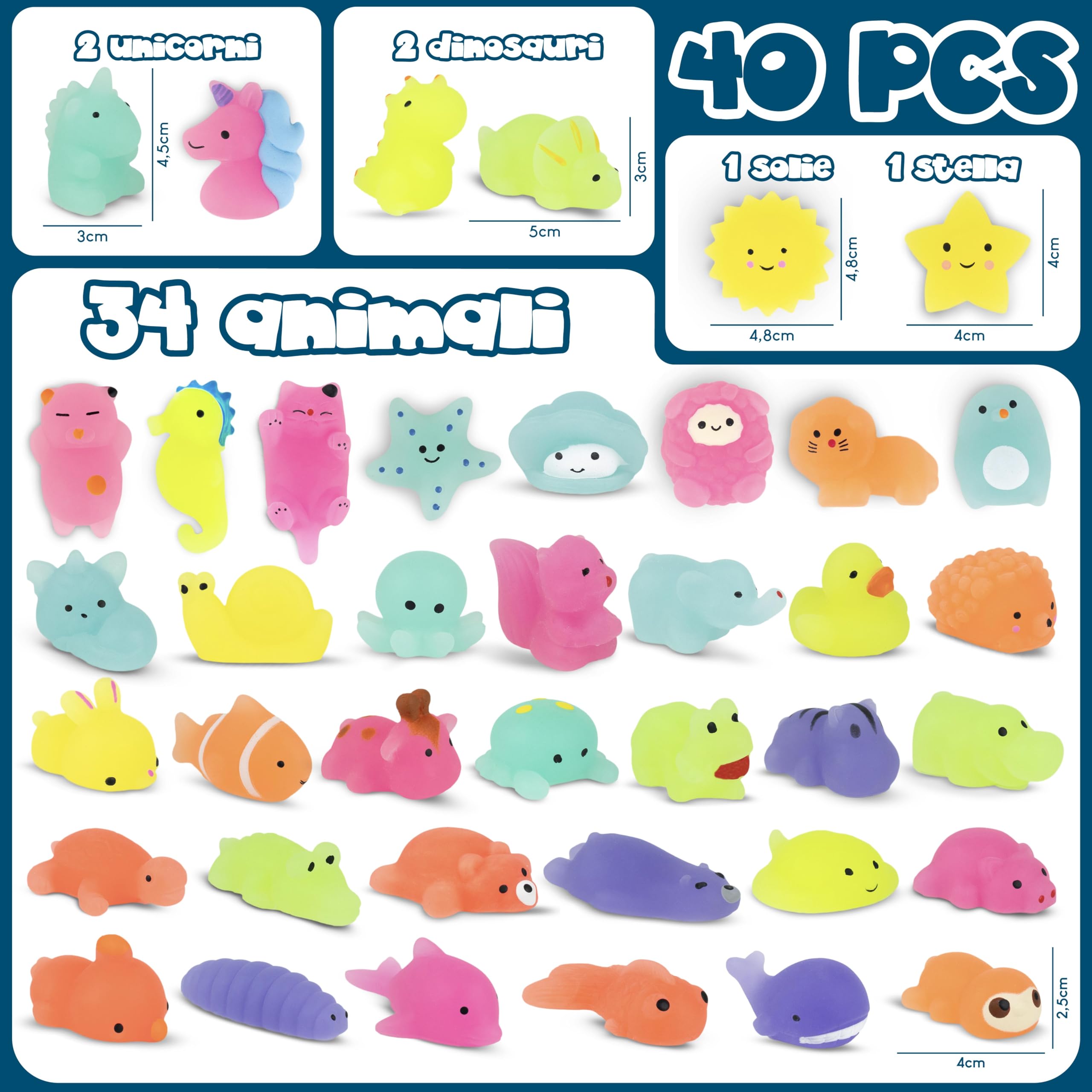 BONNYCO Squishy Piccoli Gadget Compleanno Bambini, Pack 40 Mini Giochi. Regalini Fine Festa Compleanno Bambini che si Illuminano al Buio, Regalino Fine Festa Dopo Invitati. Mochi Kawaii Gadget