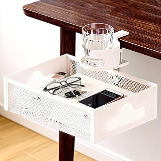 テーブル下収納ラック 360度回転式 机の下 収納 後付け引き出し 穴あけ不要 取り付け簡単 クランプ式 デスク下引き出し ドリンクホルダー 天板1〜5cm設置可能 スペース節約 多機能 文房具 リモコン 収納 小物整理 ケーブルトレー ホワイト