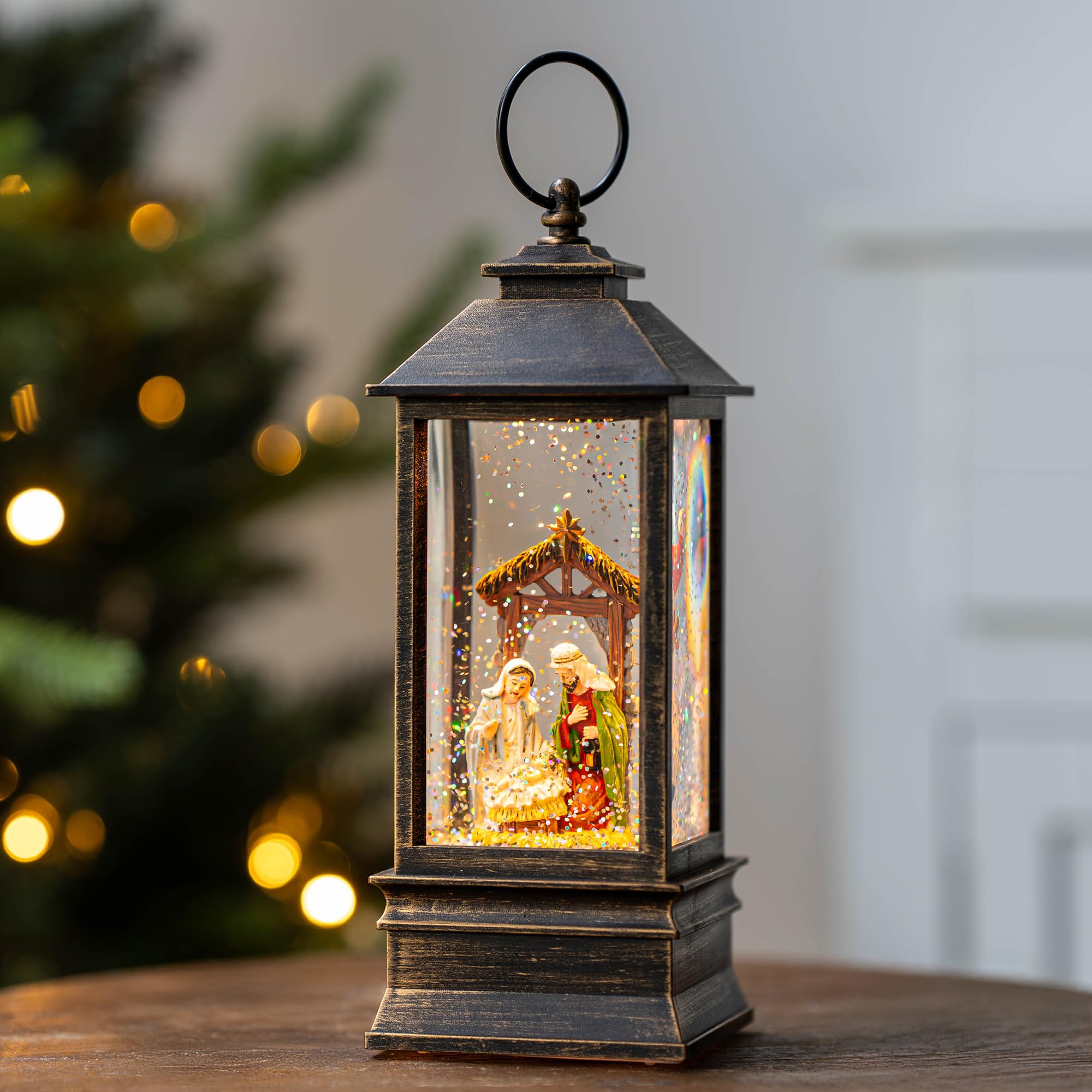 Linterna musical de globo de nieve de 10 pulgadas iluminada con escena de pesebre, farol de agua, remolino brillante, decoración del hogar y regalo, funciona con pilas o alimentado por USB