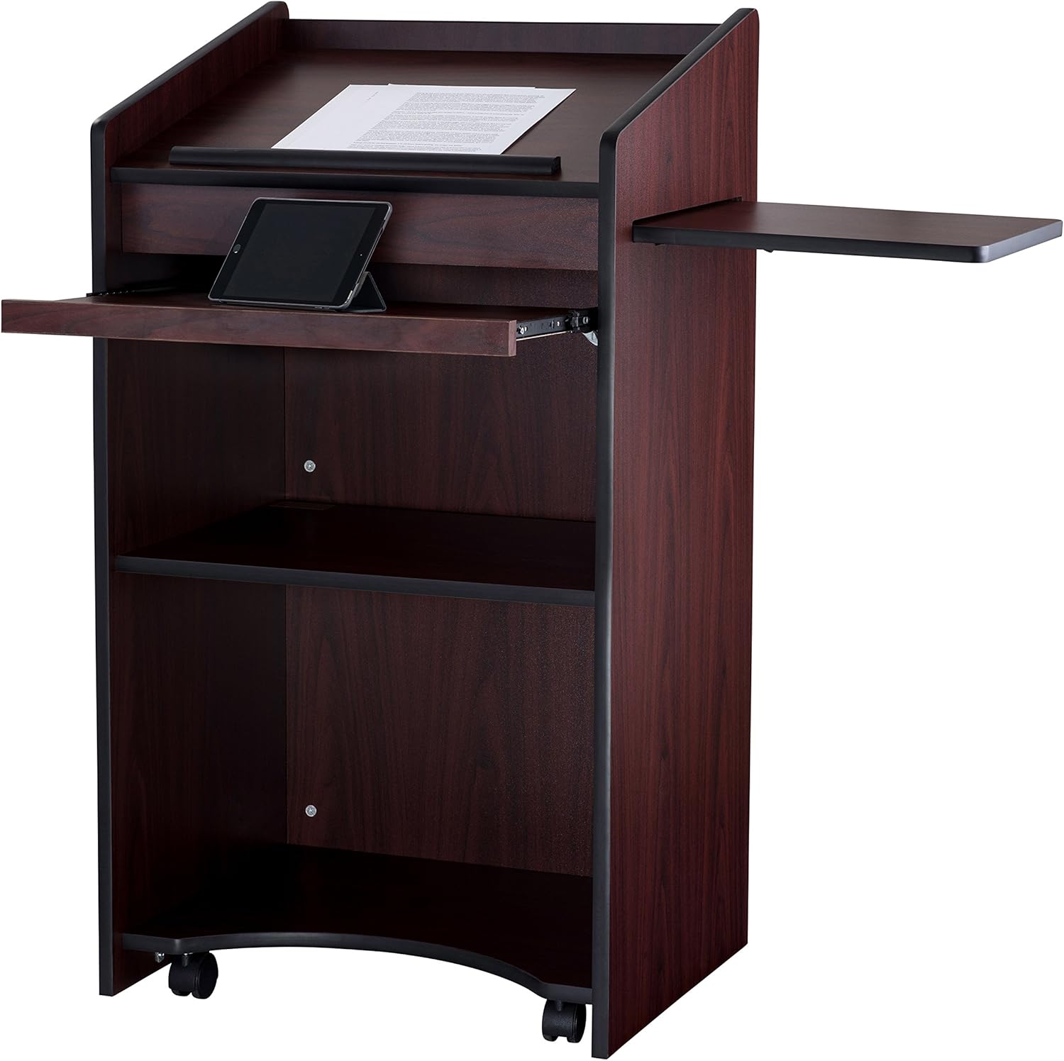 Mahogany Mobile Lectern with Shelves and Casters