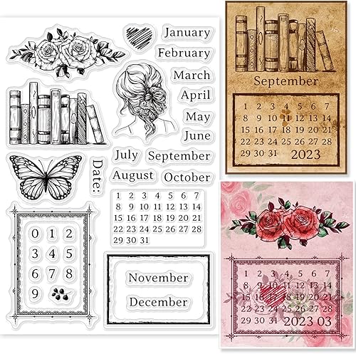 GLOBLELAND Calendarios vintage, sellos transparentes, libros, marcos vintage, máquina de escribir de flores de mariposa, sellos de silicona