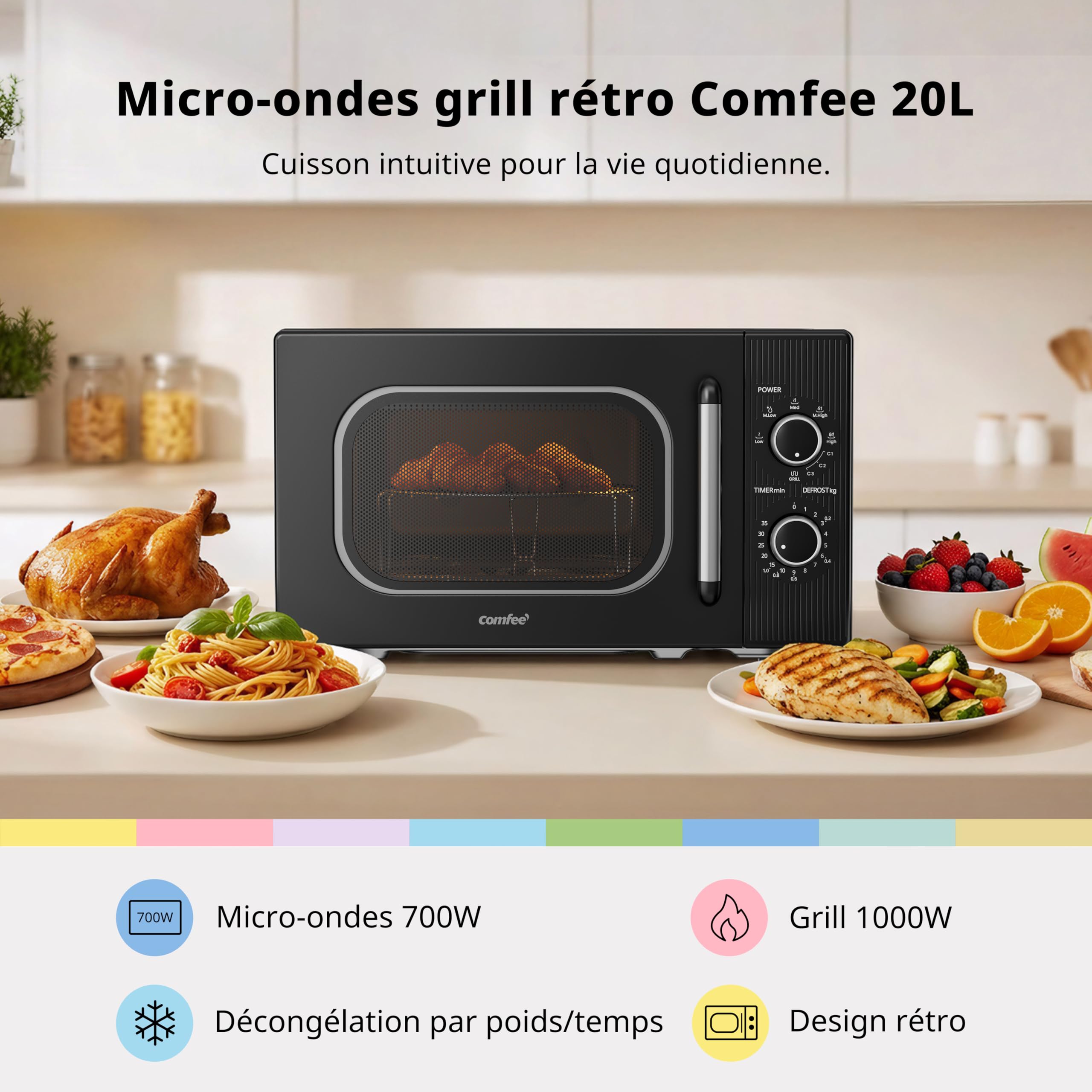 COMFEE' Four à Micro-ondes avec Grill, 20 Litres, Micro-ondes 700 W, Grill 1000 W, 5 Niveaux de Puissance, Minuterie 1-35 min, Design Compact, Noir - CMO-MG202NC(BK) - 3