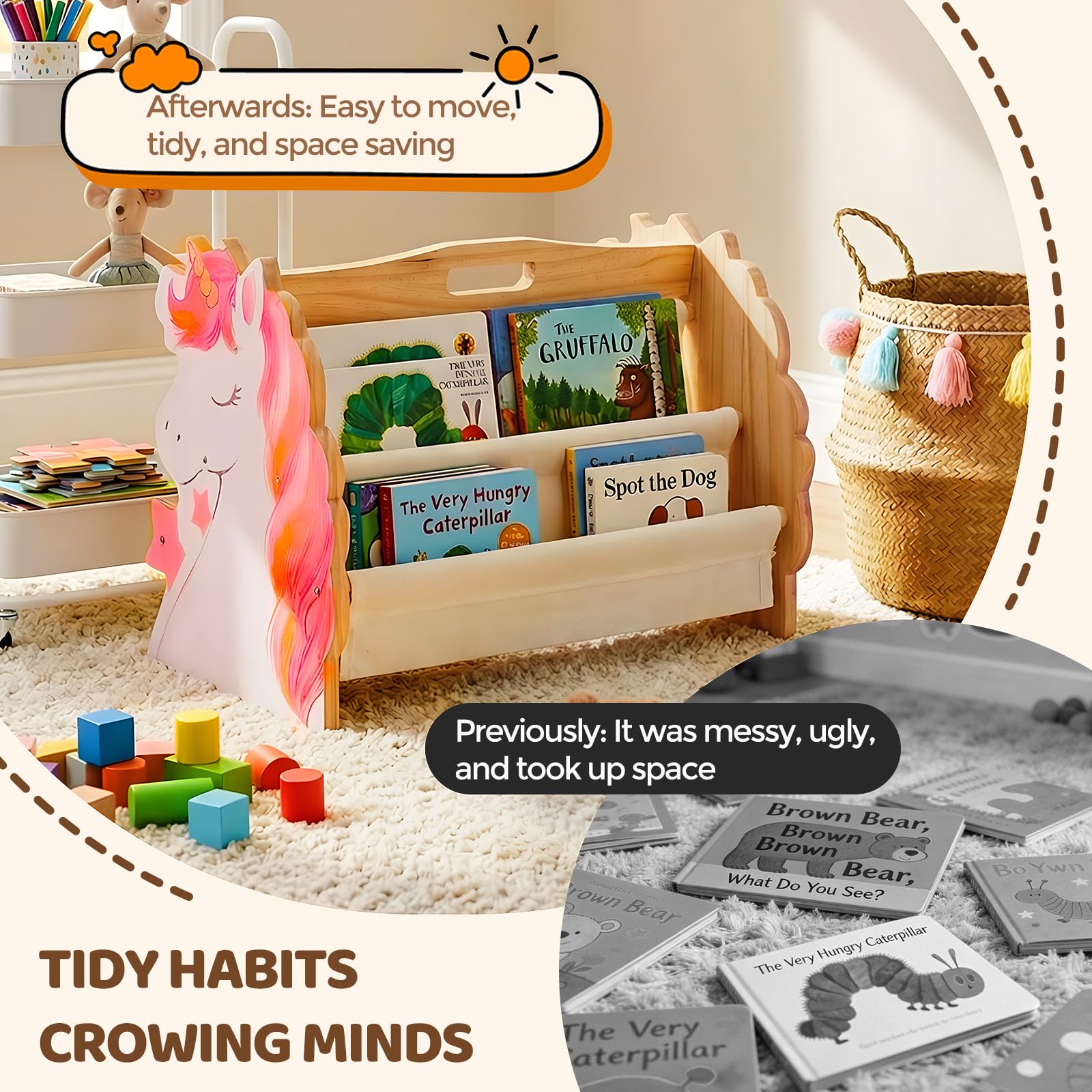 Libreria per bambini in legno a 2 ripiani, Libreria Montessoriana per Bambini, Scaffalatura Espositore da Cameretta, organizer per libri con maniglia, scaffale organizer per Cameretta e Stanza (02)