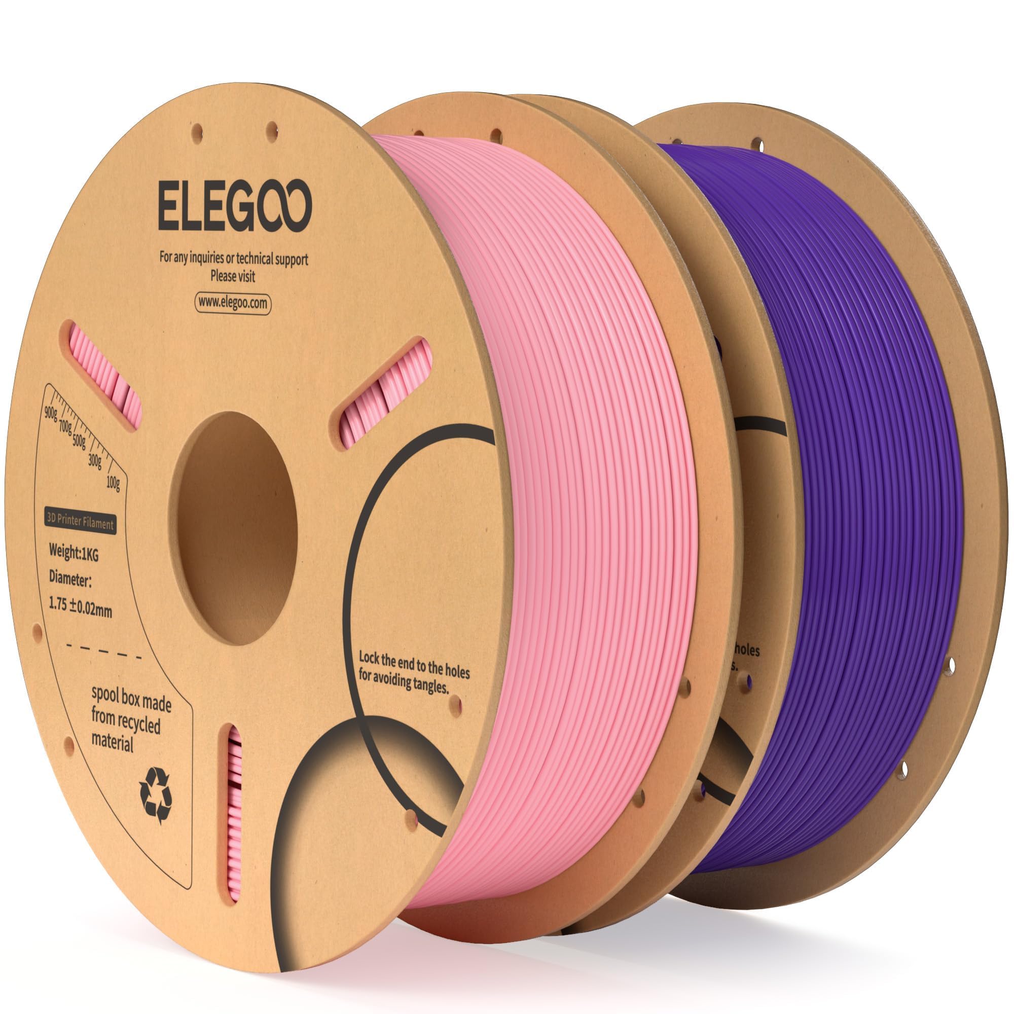 ELEGOO PLA Filament 1.75mm Pink & Purple 2KG, 3D Printer Filament Dimensional Accuracy +/- 0.02mm, 2 Pack 1kg Cardboard Spool(2.2lbs) 3D Printing