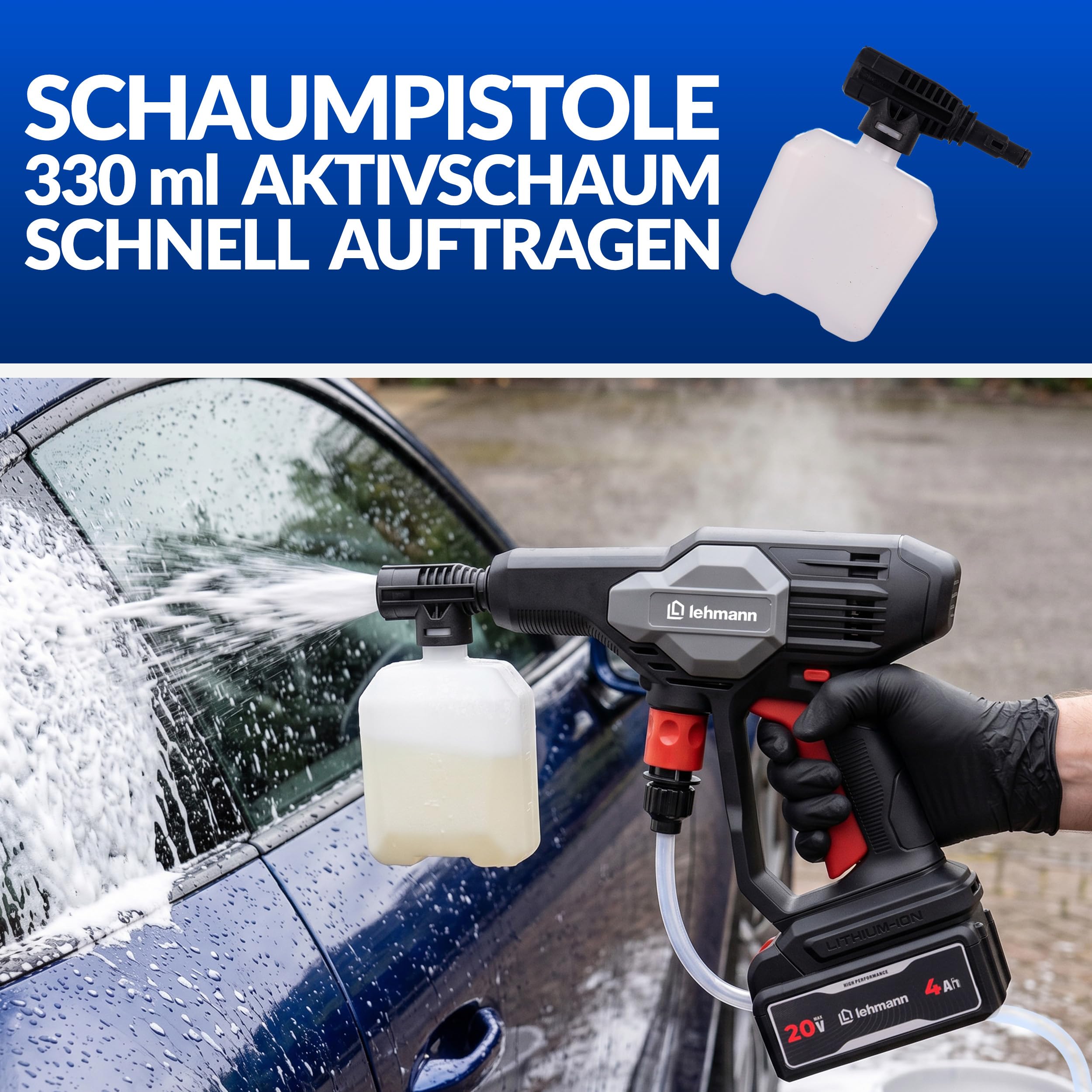 LEHMANN Stream Akku Hochdruckreiniger 20V Max mit 4Ah Akku – Kabelloser Druckreiniger mit 5-in-1 Düse, 6m Schlauch & Schaumsprüher für Auto, Fahrrad & Terrasse