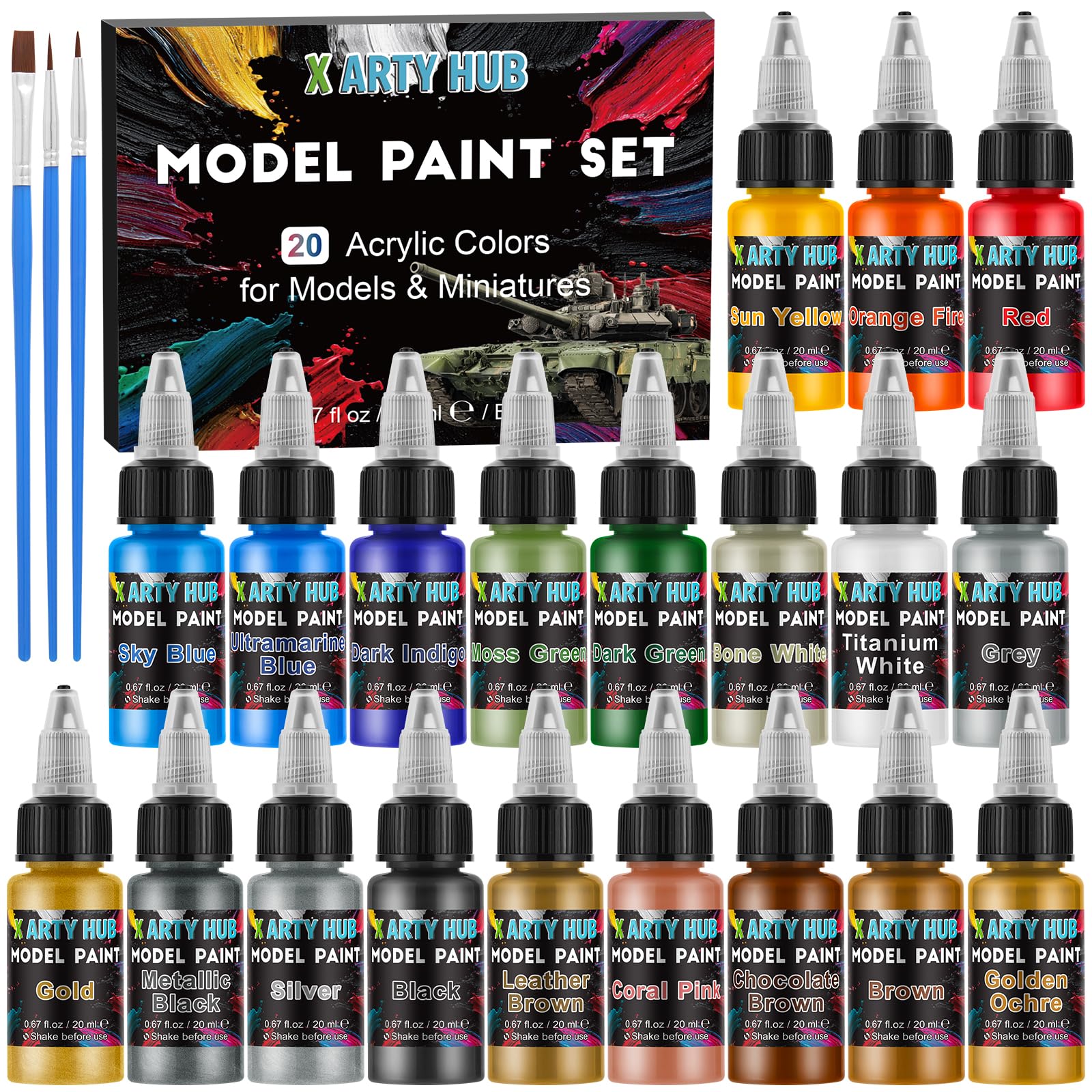 X ARTY HUB Set di Colori Acrilici per Modellismo, Miniature e Wargame, 20 Colori (Base, Carni, Ombre e Metalli) con 3 Pennelli, Per Aerografo e Pennello