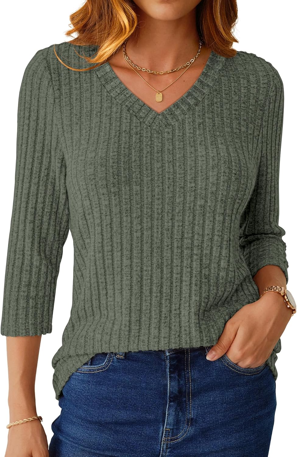 NORACORA V Neck 3/4 Length Sleeve Shirts for Women Casual Fall Tops Lightweight Tunic Sweaters 2025 - Image 3