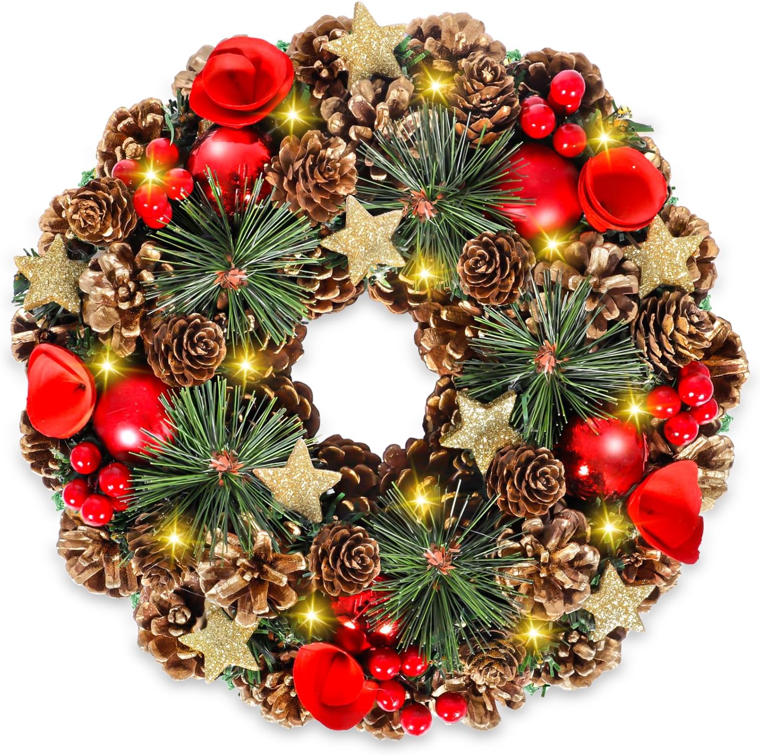 Couronne De Noël LED 30 Cm - 30 Lumières Blanc Chaud, Poudre D'Or, Piles AA (non Fournies)