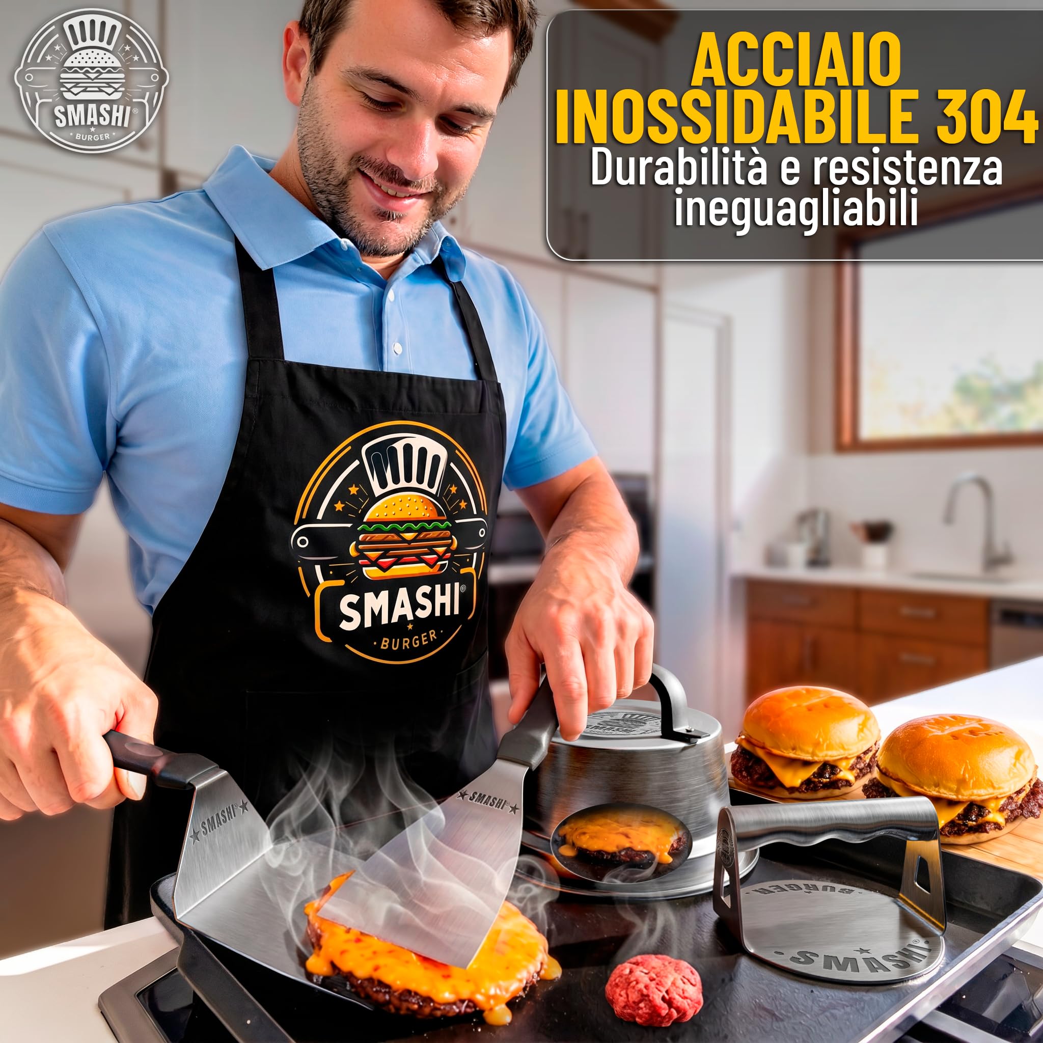 SMASHI® Kit Smash Burger Professionale | Pressa Hamburger Acciaio Inox 304 + 2 Spatole + 2 Cupole + 50 Fogli Antiaderenti | Certificato CE | Schiacciatore Hamburger Originale