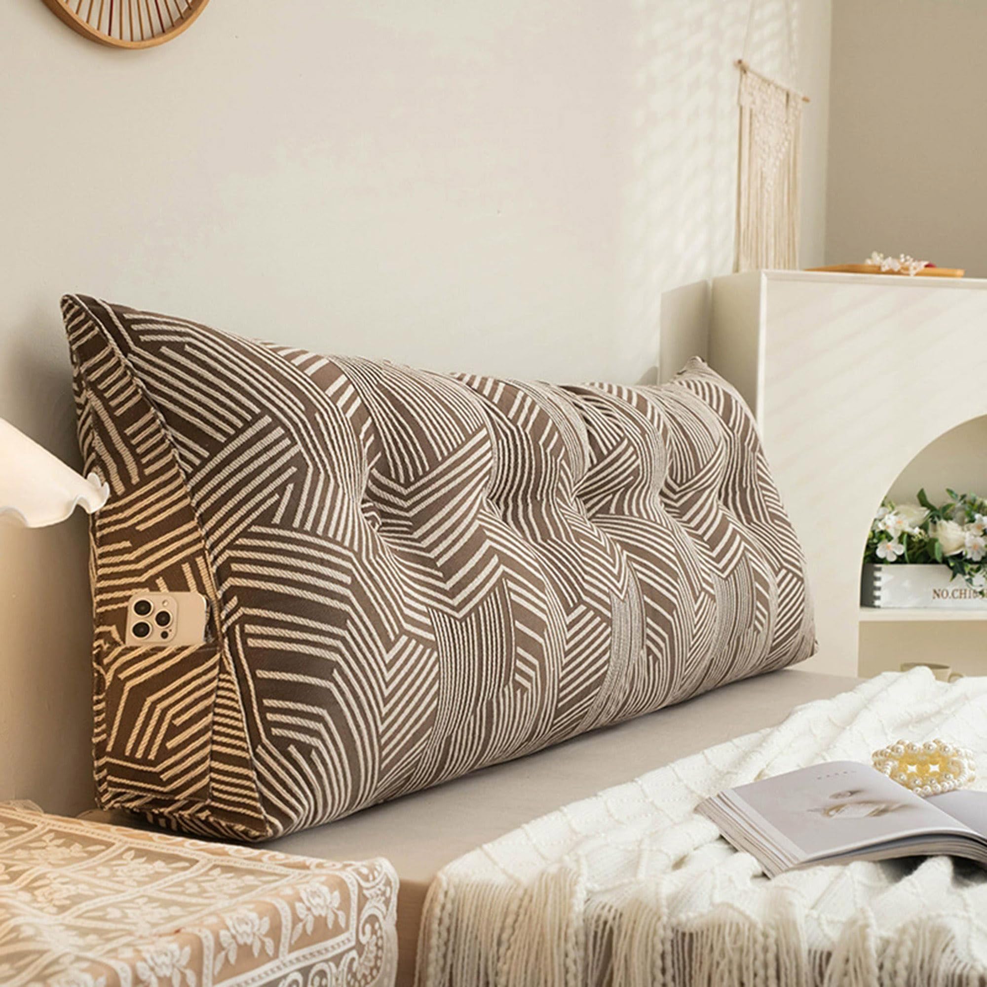 Hruile Wedge Back Pillow Backrest Bolster, Triangular Headboard Reading Pillow, Back Lumbar Support Cushion with Side Pocket, Headboard Cushion for Bed Sofa Tatami (80x50x20cm,Brown)