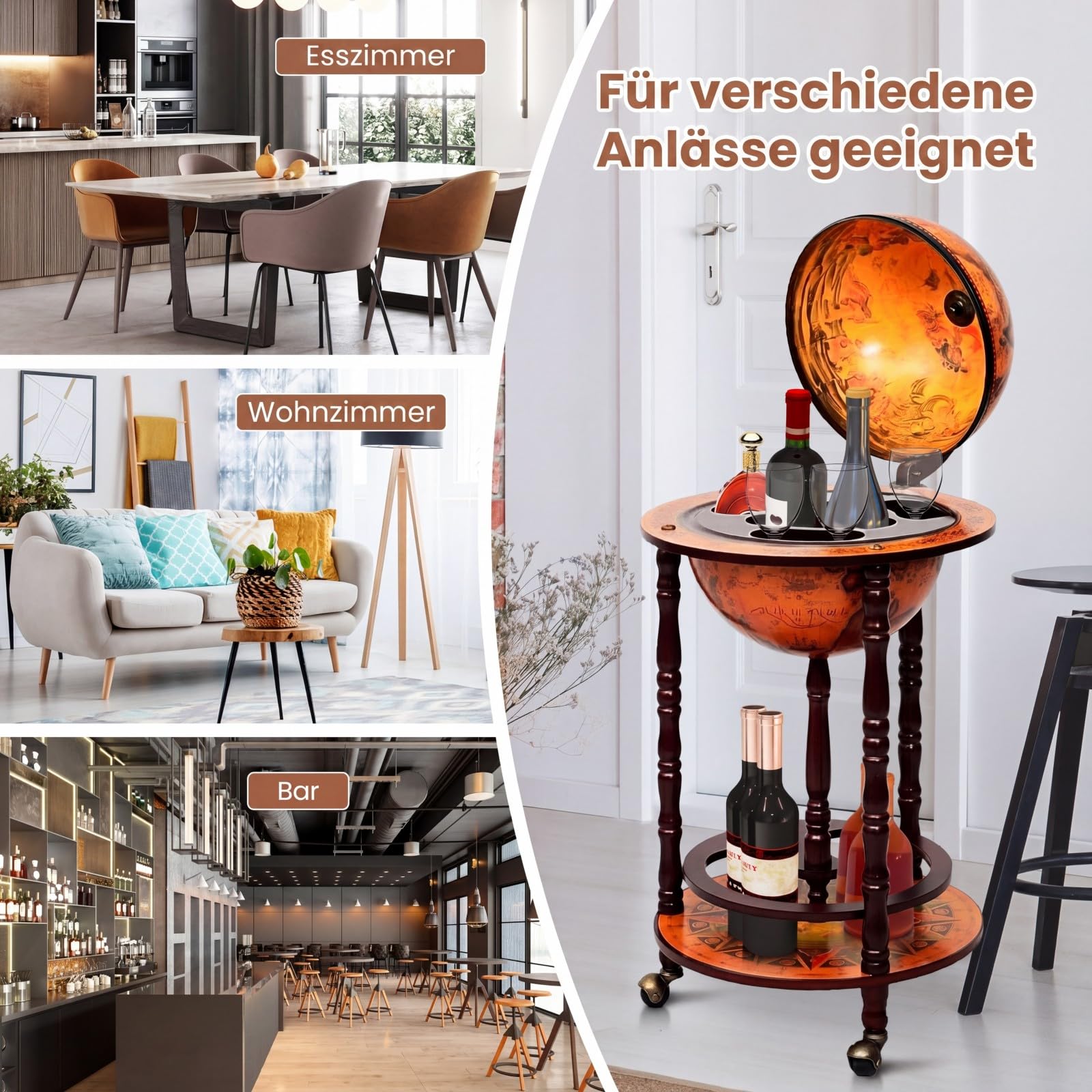 GIANTEX Globusbar mit 3 Rollen, Barwagen Weltkugel Cocktailbar mit Bodenplatte, Hausbar Minibar Tischbar Dekobar, Eukalyptusholz (braun)