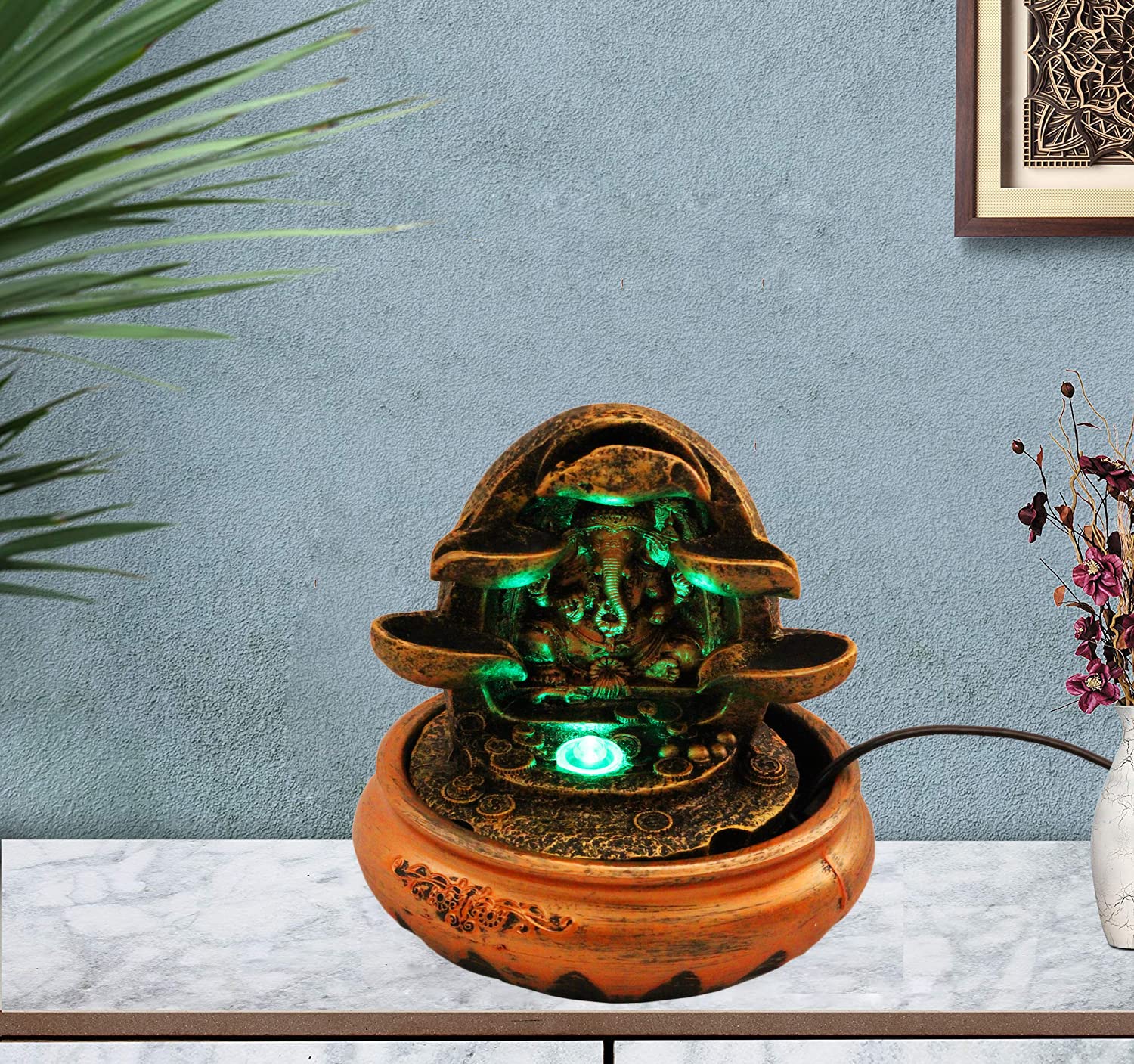 Beautiful Lord Ganesha Water Fountain Shree Ganesha Show Piece for Home Decorative Home Gifts for Drawing Room Living RooLight and Mini Motor Pump (9602, Multicolor) 15CM x 15CM x 22CM-image-28