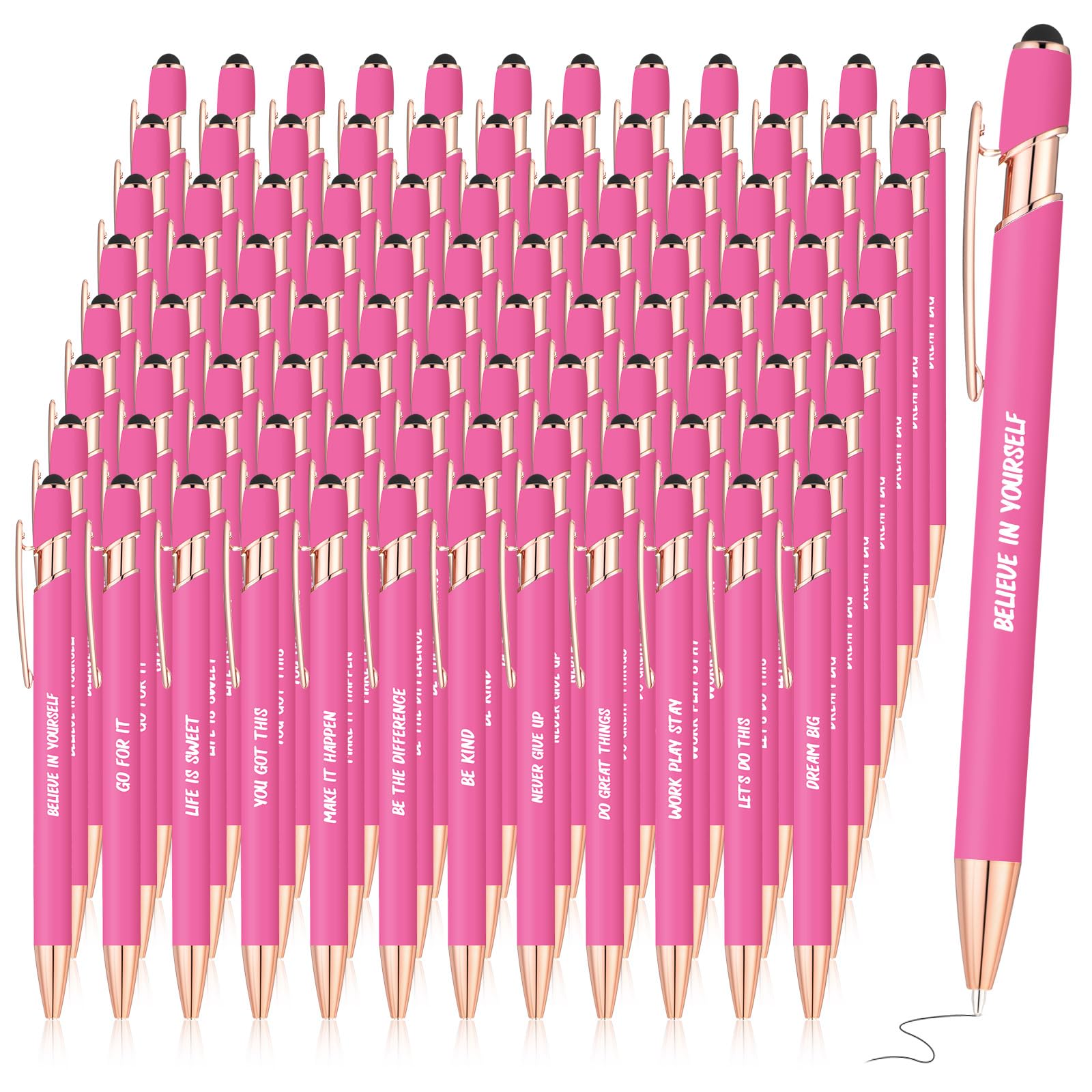 96 Pcs Writing Pens Bulk Inspirational Motivational Ballpoint Pens with Stylus Tip Click Black Ink Pens Fancy Nice Pens for Women Men Teacher Coworker Employee Appreciation Gifts(Pink)