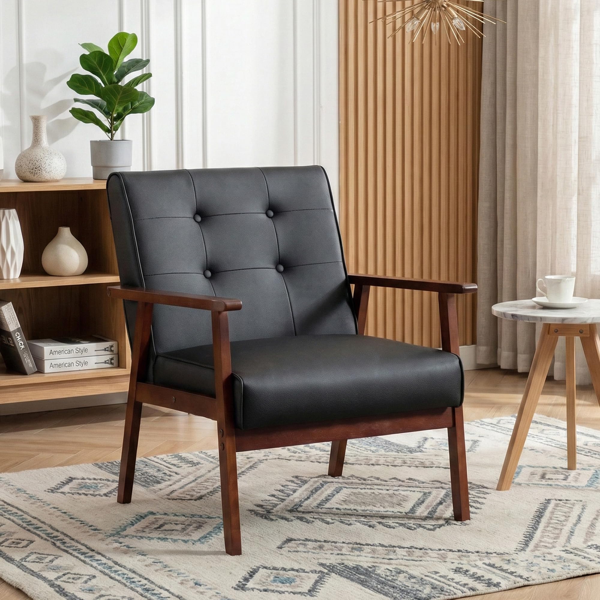 Mid-Century Retro Modern Accent Chair Wooden Arm Upholstered Tufted Back Lounge Chairs Seat Size 24.4" 18.3" (Deep) (Square Leg Black)