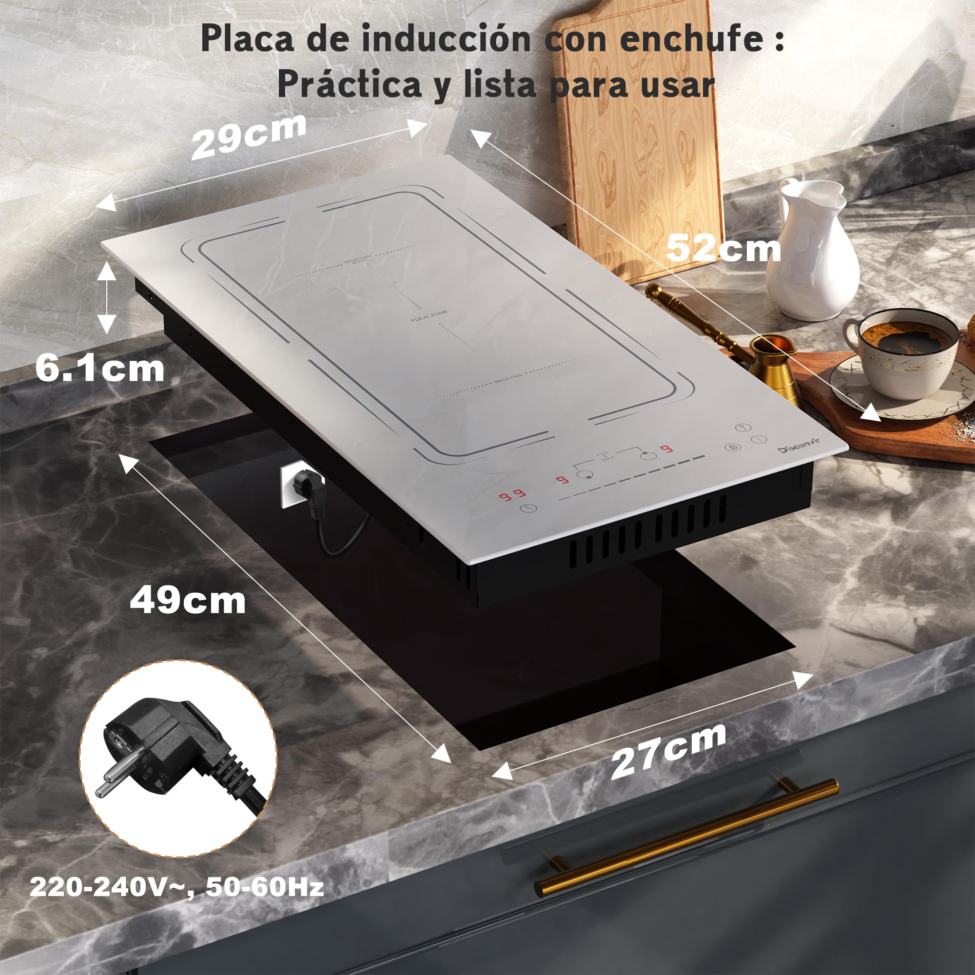 Placa inducción Disaenvir de 2 Fuegos Empotrable, Blanco, 30 cm, 3500 W, enchufe de 220 V, 9 Niveles de Potencia, Función Boost, Temporizador y Protección Antitoque, Flexible