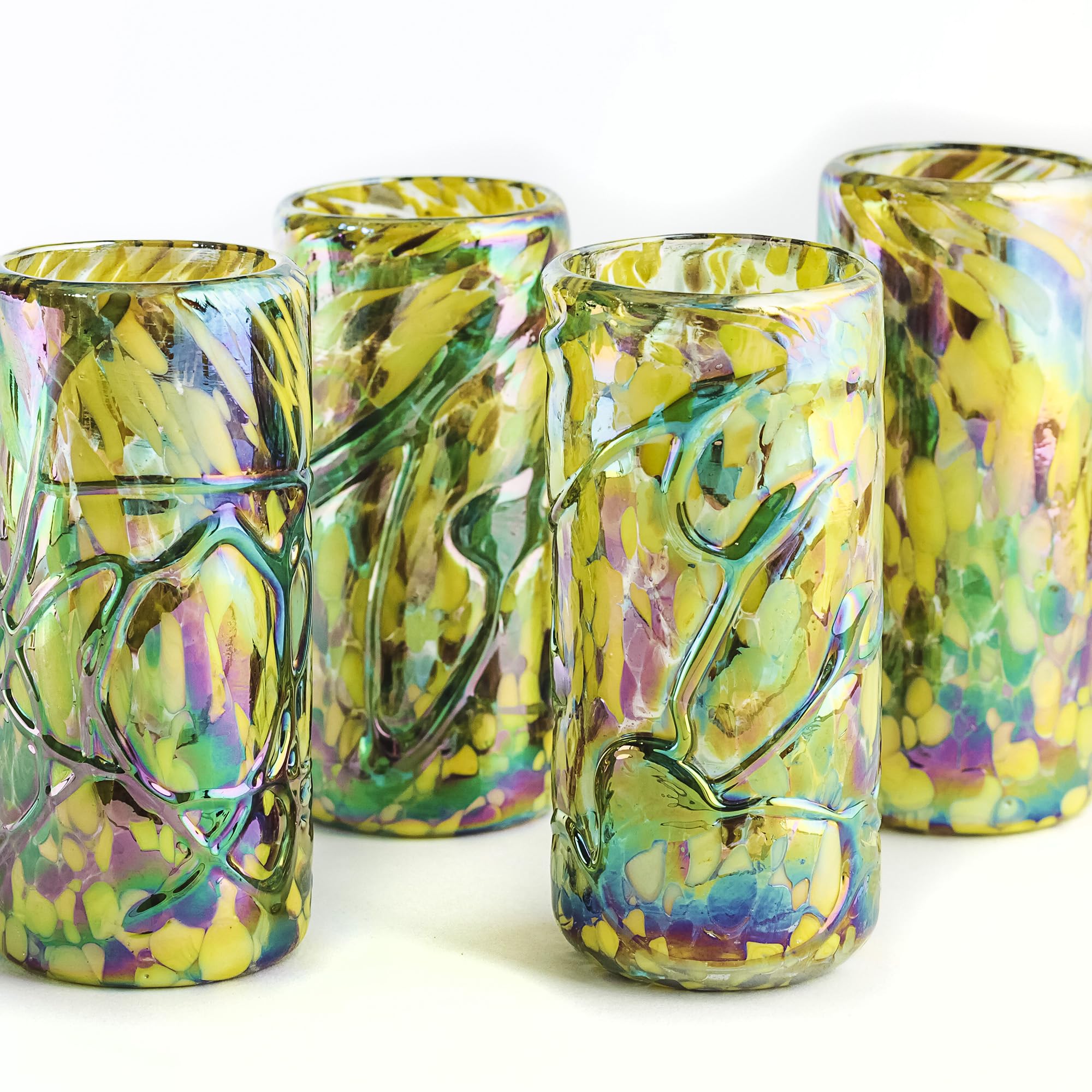 MEXTEQUIL Specialty Mexican Tequila Glasses, Hand-Blown with Unique Color & Texture Set of 4 pieces - Confetti (Golden Glow)