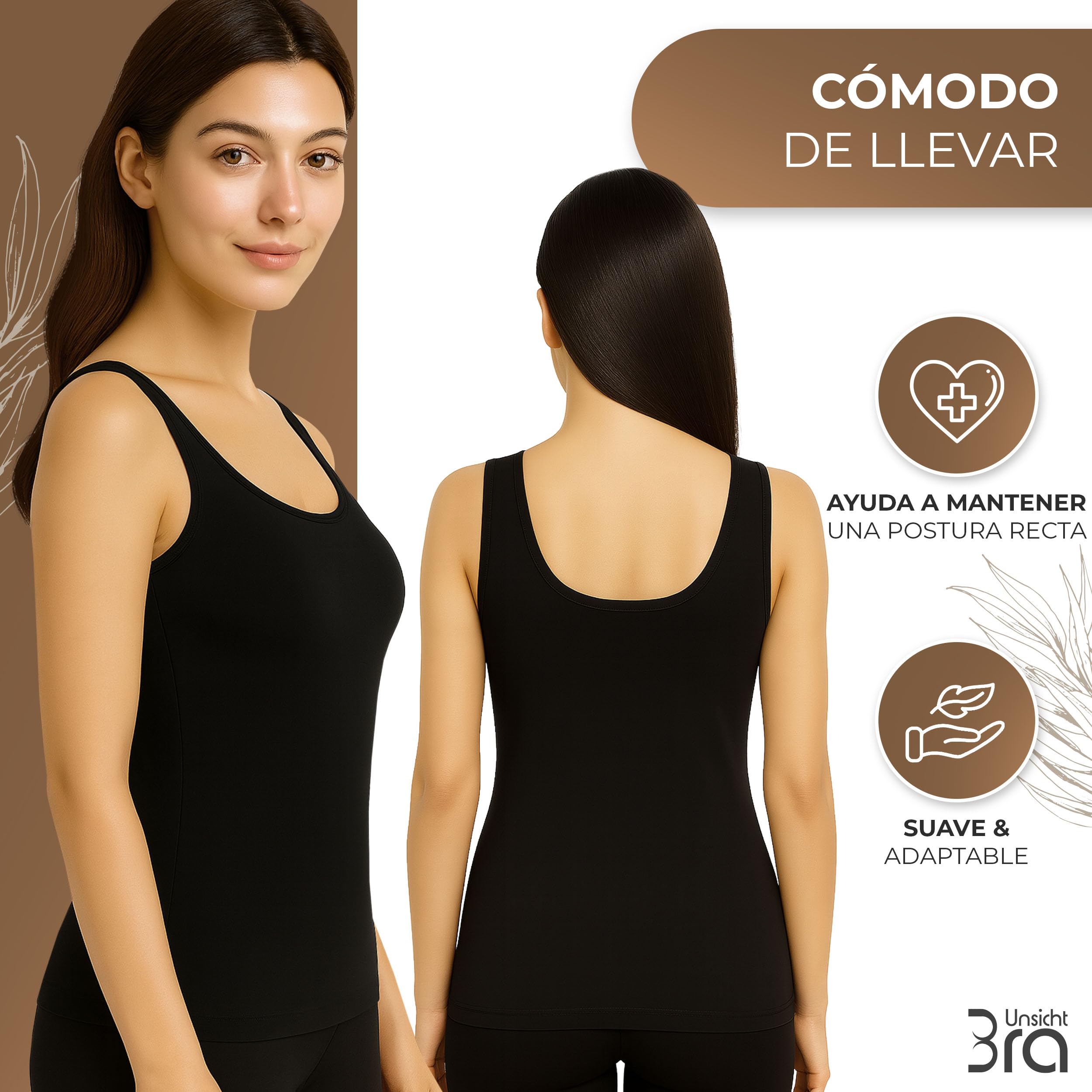 UnsichtBra Pack de 3 Camisetas Interior Mujer Tirantes Anchos | Top Ajustado y Moldeador Ligero | Camiseta Reductora Shapewear Cómoda – Negro, Blanco, Beige