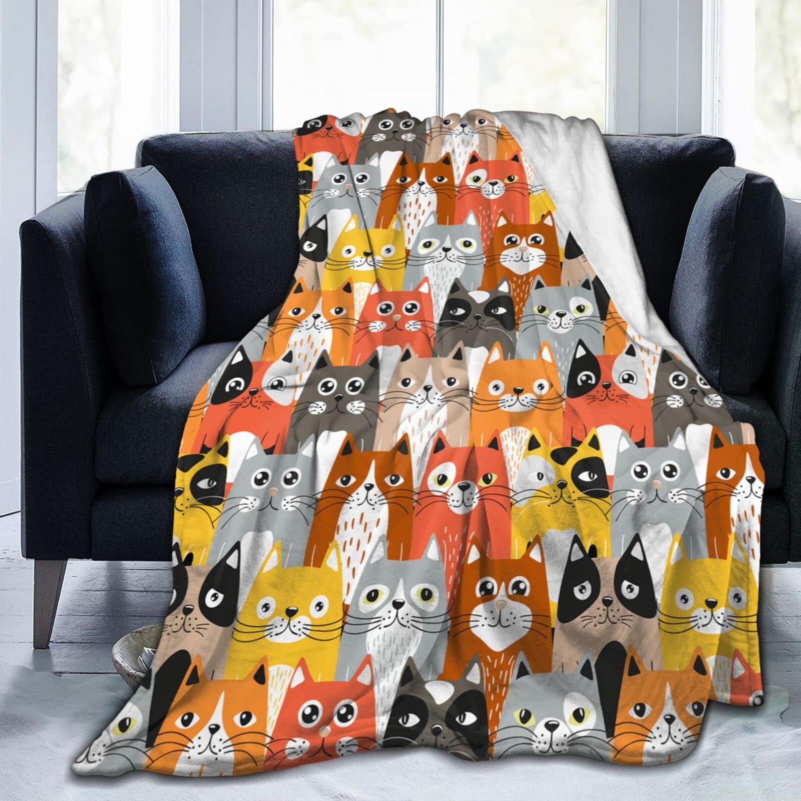 Lsjuee Funny Cartoon Cats Throw Blanket Soft Cozy Lightweight Blankets Cute Animal Cat Flannel Blanket for Sofa Couch Bed Office 50"X40"