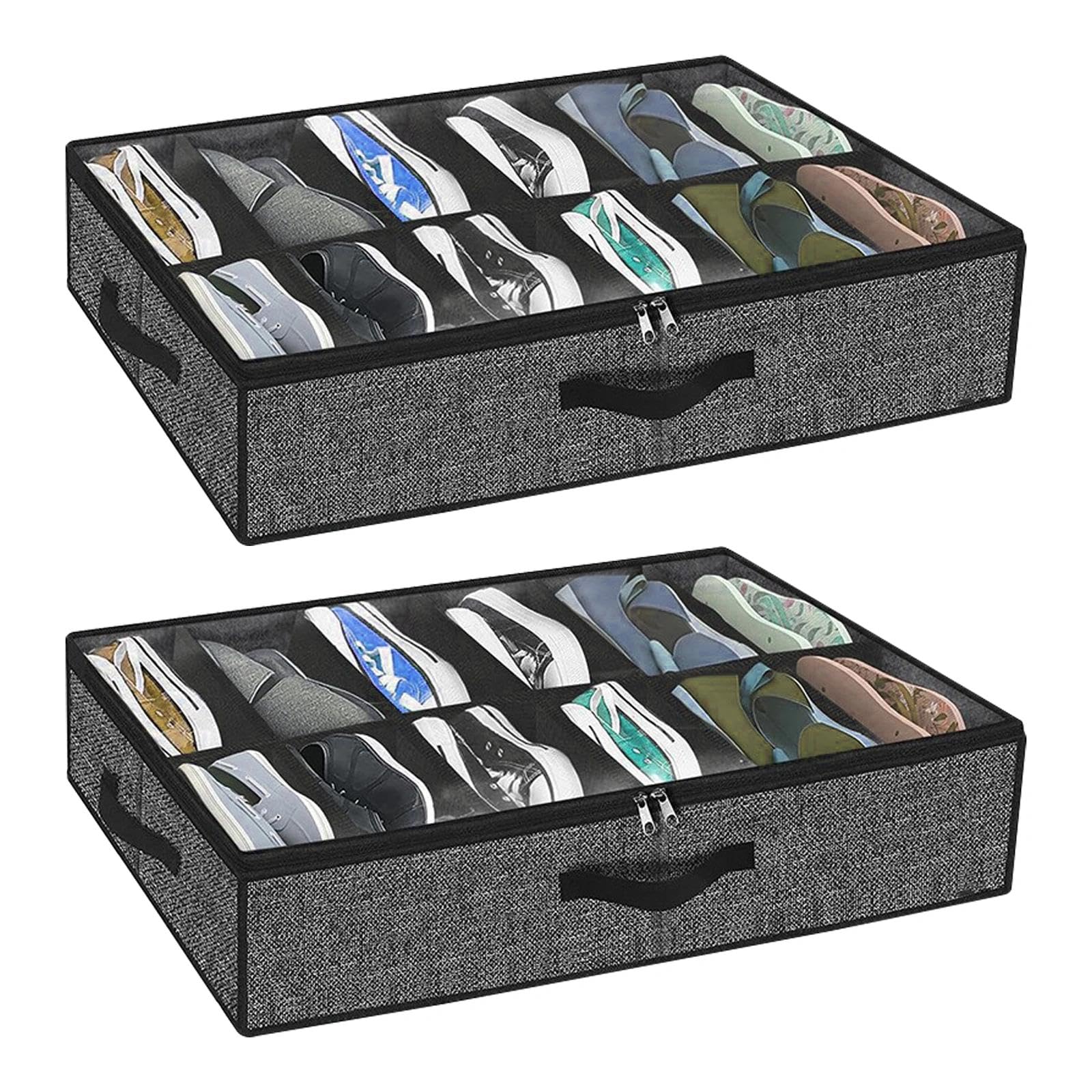 Boite rangement chaussures sous lit Chiluxendo en lin noir avec 12 compartiments