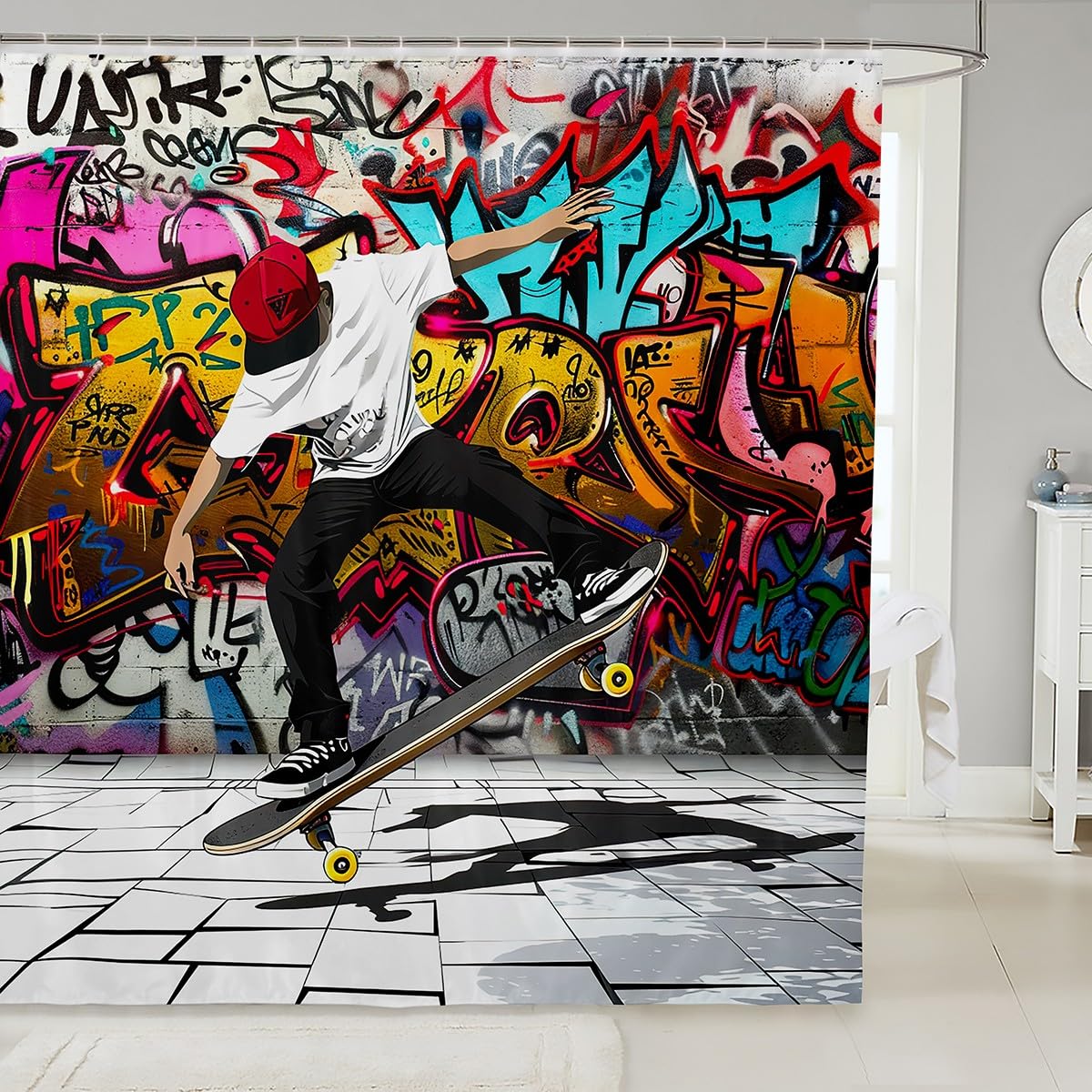 Boys Skateboard Bathroom Shower Curtain Set Colorful Graffiti Style Shower Curtain for Stalls Bathtubs Decor Skate Board Bath Curtain Hip Hop Street Culture Waterproof Bathroom Curtains 72x84 Inch