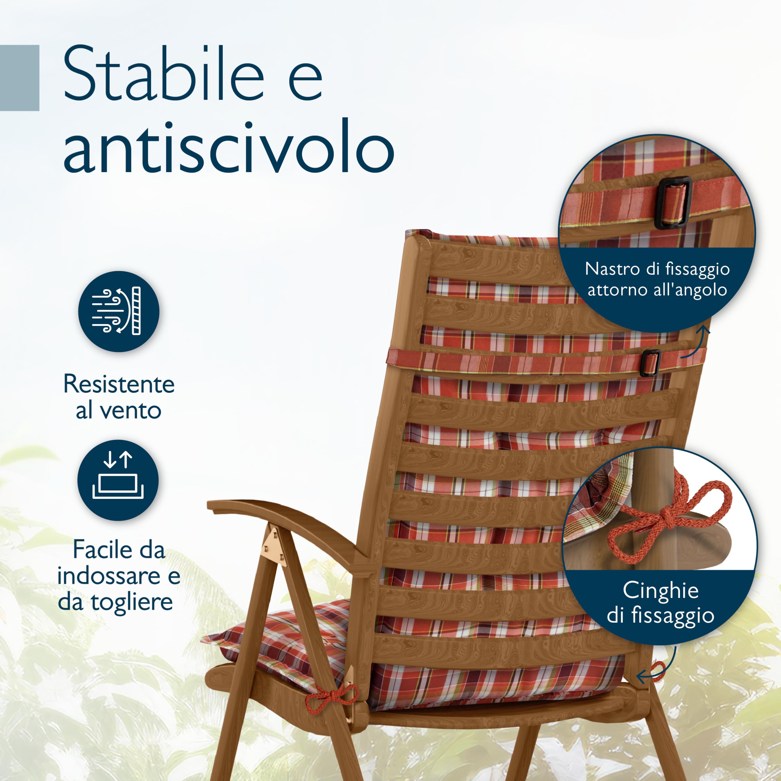 Beautissu Premium 6 Cuscini per Sedie Sdraio da Giardino 120x50cm HighLux HL – Tessuto robusto 200 g/m² – Cuscini per Sedie da Esterno Spessi 7 cm Arancione-Rosso-Verde a quadri Made in EU