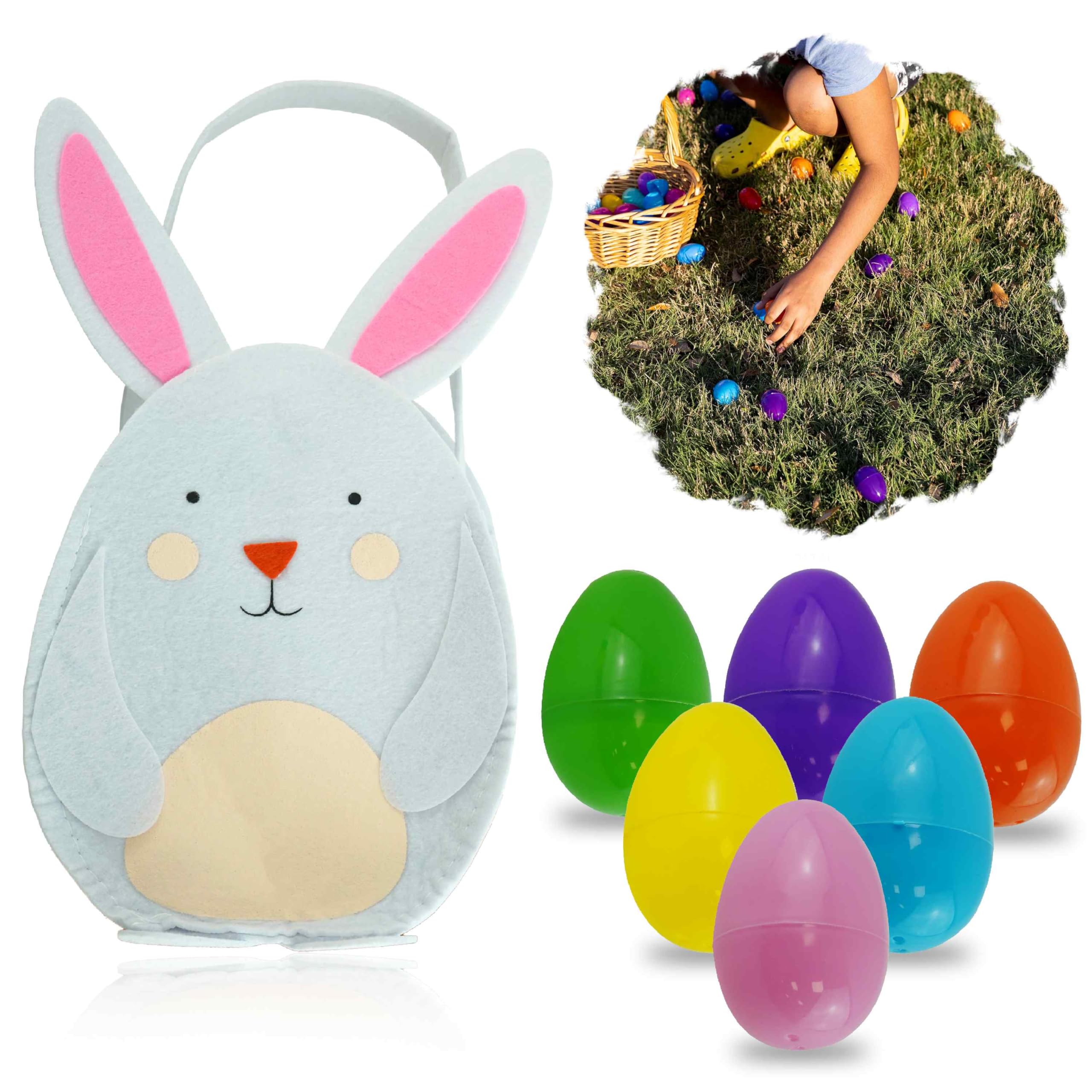 Srv Hub 1X Bunny Bag + 6X Easter Eggs 6Pcs Plastic Eggs With Bunny Bag, Colorful Fillable Eggs And Hunt Baskets With Handles - Perfect For Easter Theme Parties Fun And Surprise