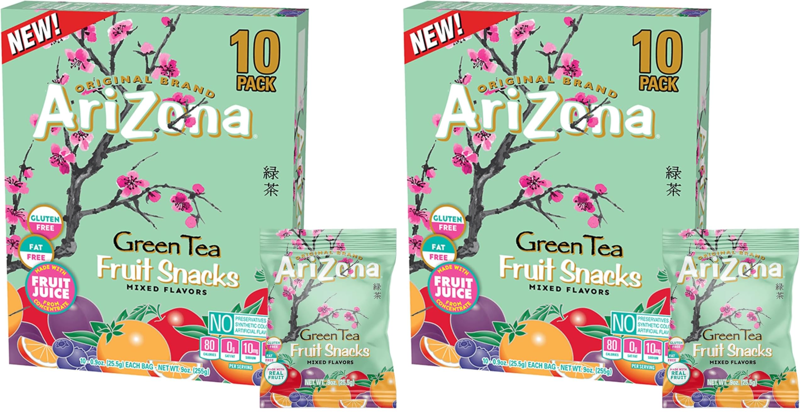 Iced Tea Fruit Snacks, Green Tea - 0.9 oz, 10 count Box (Pack of 2)