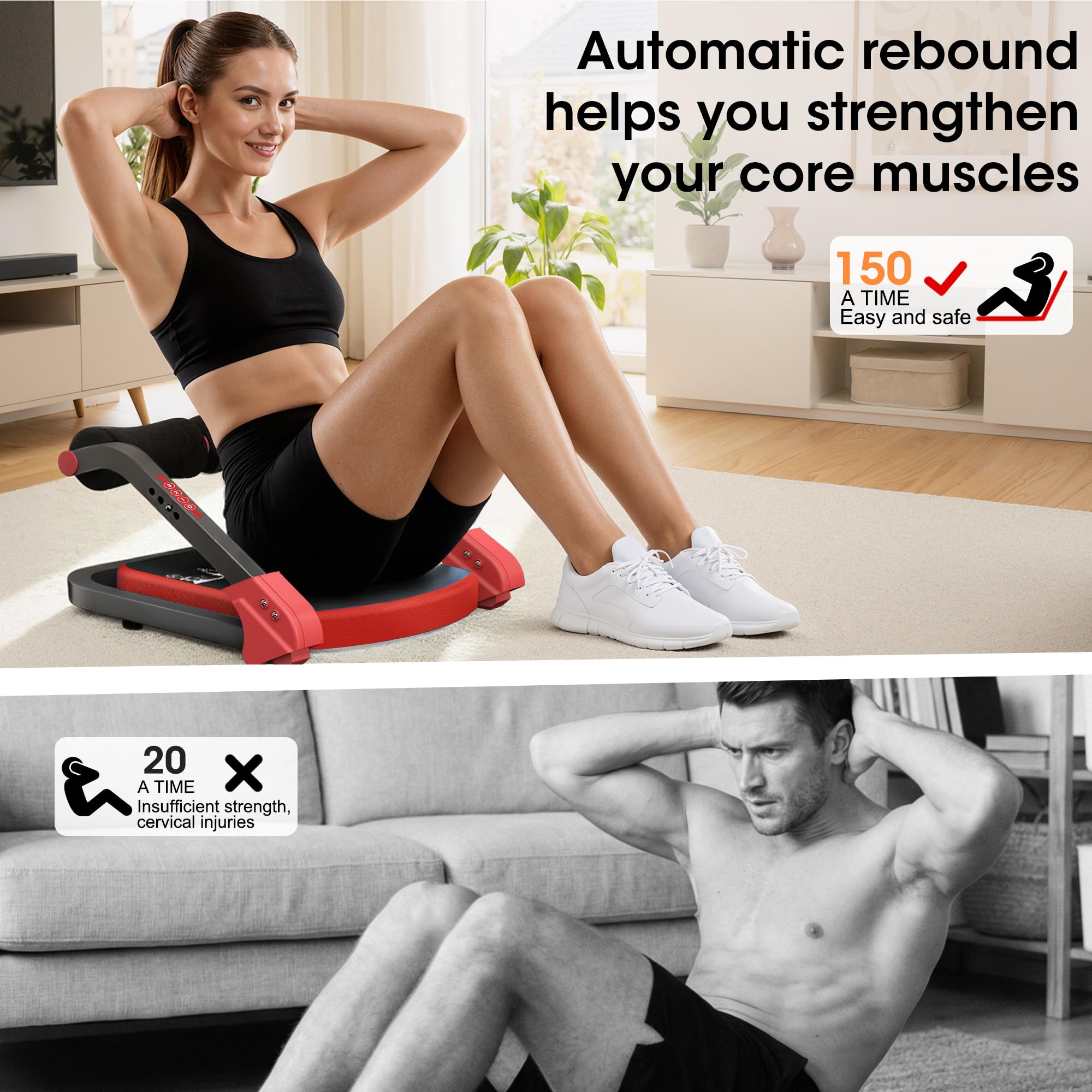 Bauchtrainer, Sit-Up Gerät mit zwei Zugseilen, 4-fach einstellbarer Widerstand, automatischer Rückprall, Ab Trainer für Zuhause und Fitnessstudio