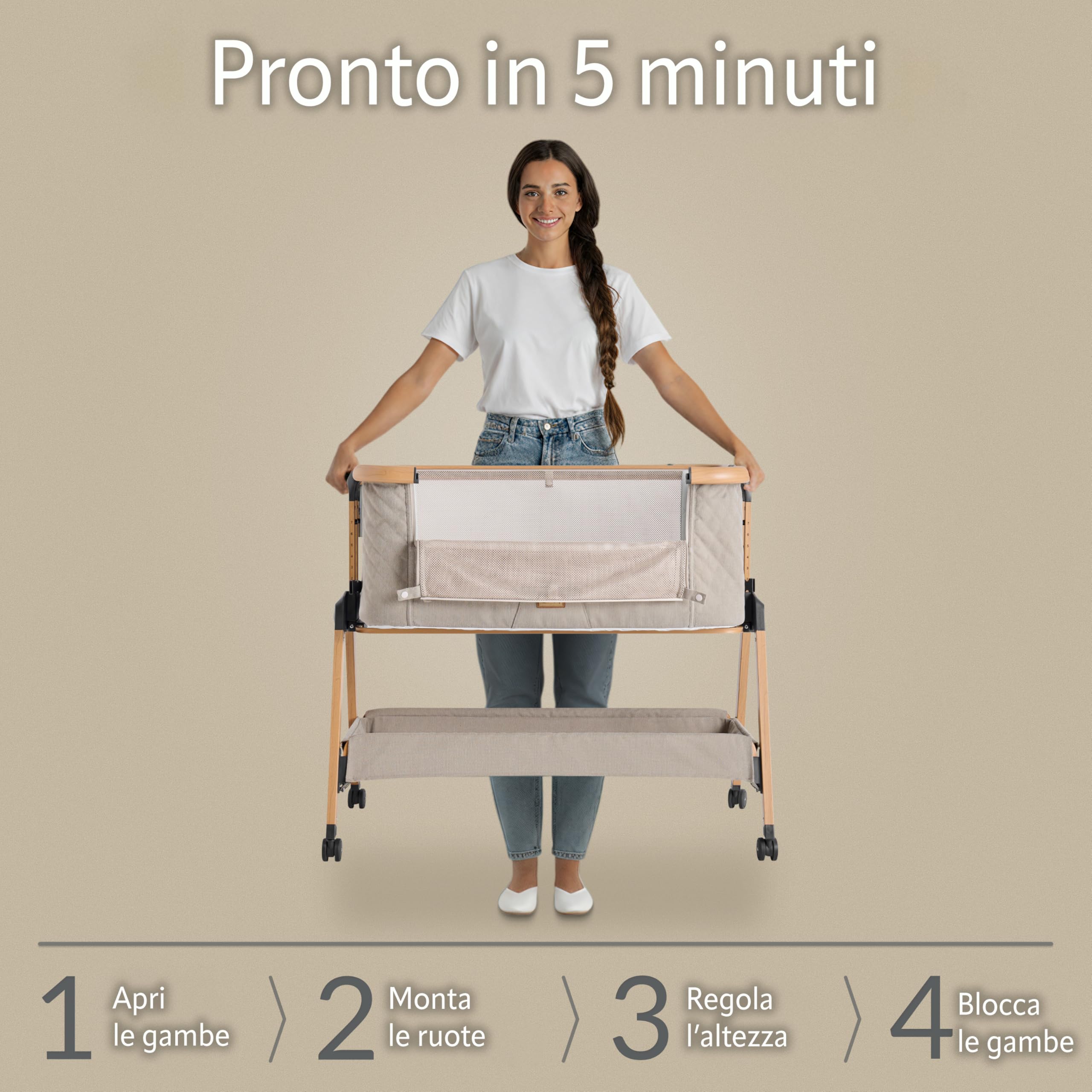 Love For Sleep SnooBee Culla Neonato Co-Sleeping Regolabile in Altezza – Lettino Next To Me con Materasso, 6 Livelli, Ruote con Freno, Mesh Traspirante, Zanzariera, Pieghevole con Borsa (0–6 mesi)