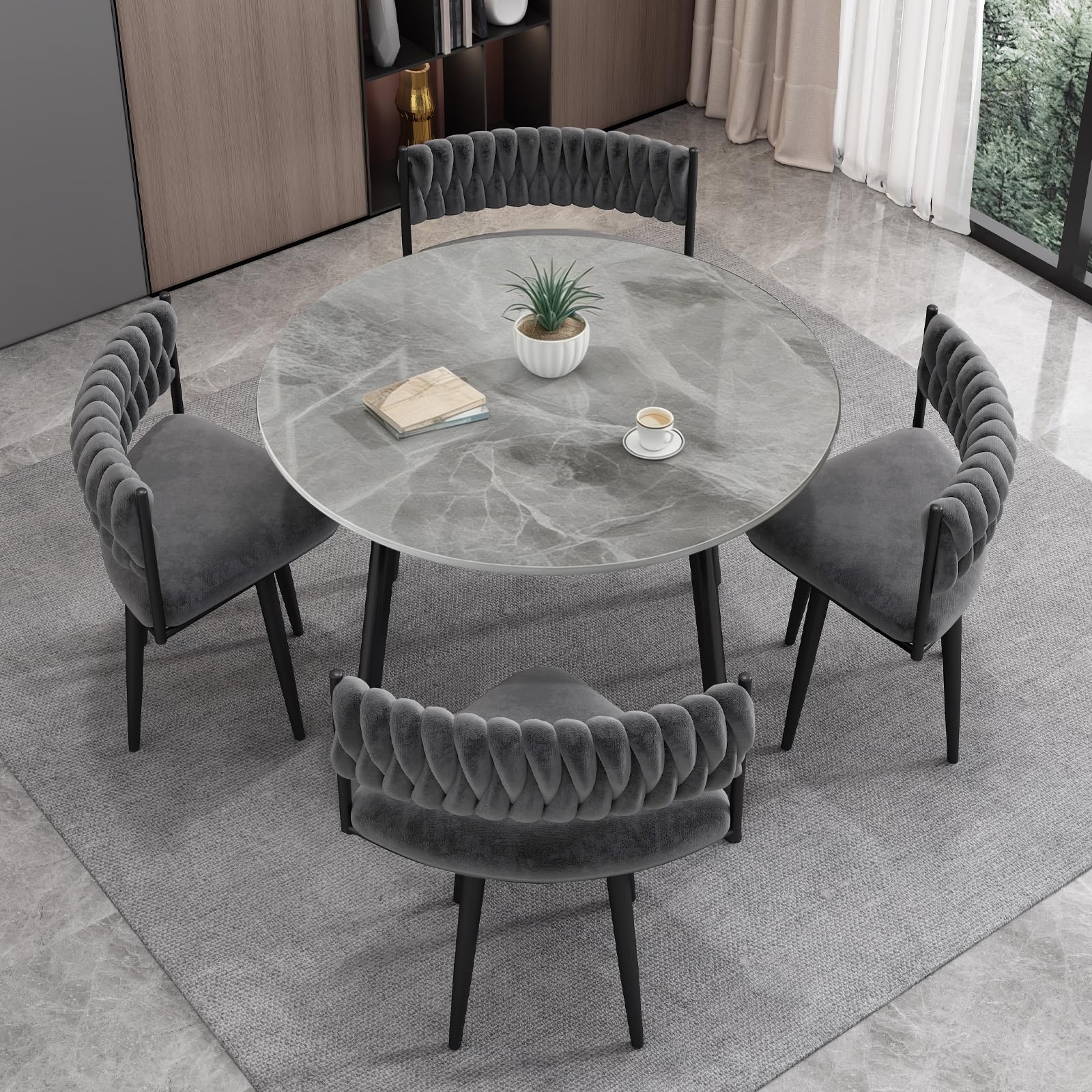 Runder Esstisch und 4 Stuhl Essgruppe 5-Teilig, Küchentisch Set für 4 Personen Moderne Sitzgruppe für Küche, Esszimmer, Wohnzimmer und Büro Grau