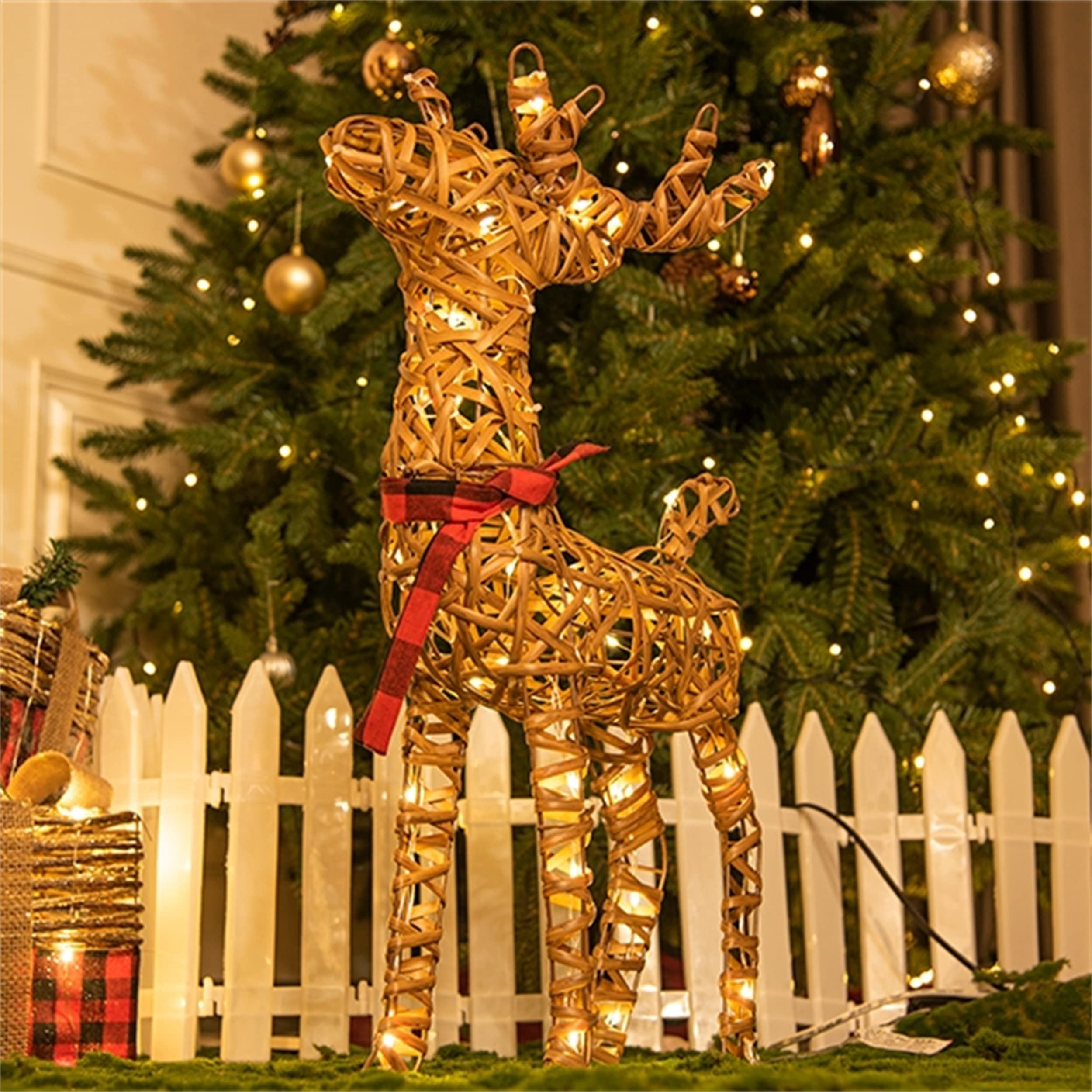 LED Weihnachtsfigur Rattan Rentier, REH Weihnachtsbeleuchtung mit Timer warmweiß, Hirsch Weihnachtsdeko für Außen und Innen Wohnzimmer Garten