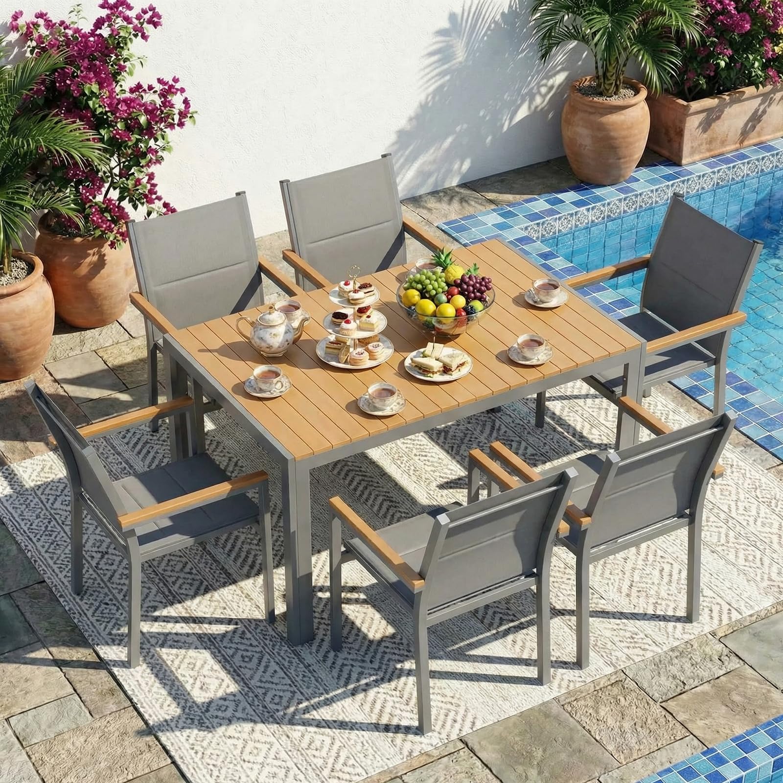 LIFERUN Juego de 2 sillas de jardín de aluminio, con respaldo acolchado y asiento, silla de comedor apilable, pasamanos de WPC, sillas de balcón, para terraza, balcón, terraza, piscina, restaurantes