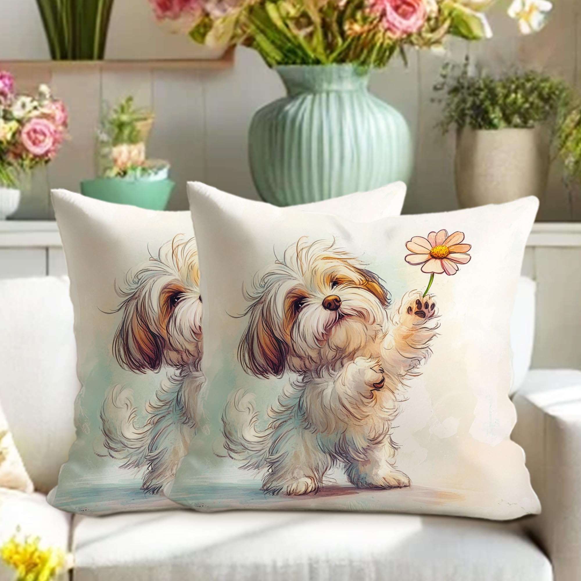 Cute Puppy Pillow Covers Set of 2, Beige and White Animal Floral Throw Cushions, Fun Decorative Cushion Cases for Kids Room Sofa Bed Couch 16x16 Inch