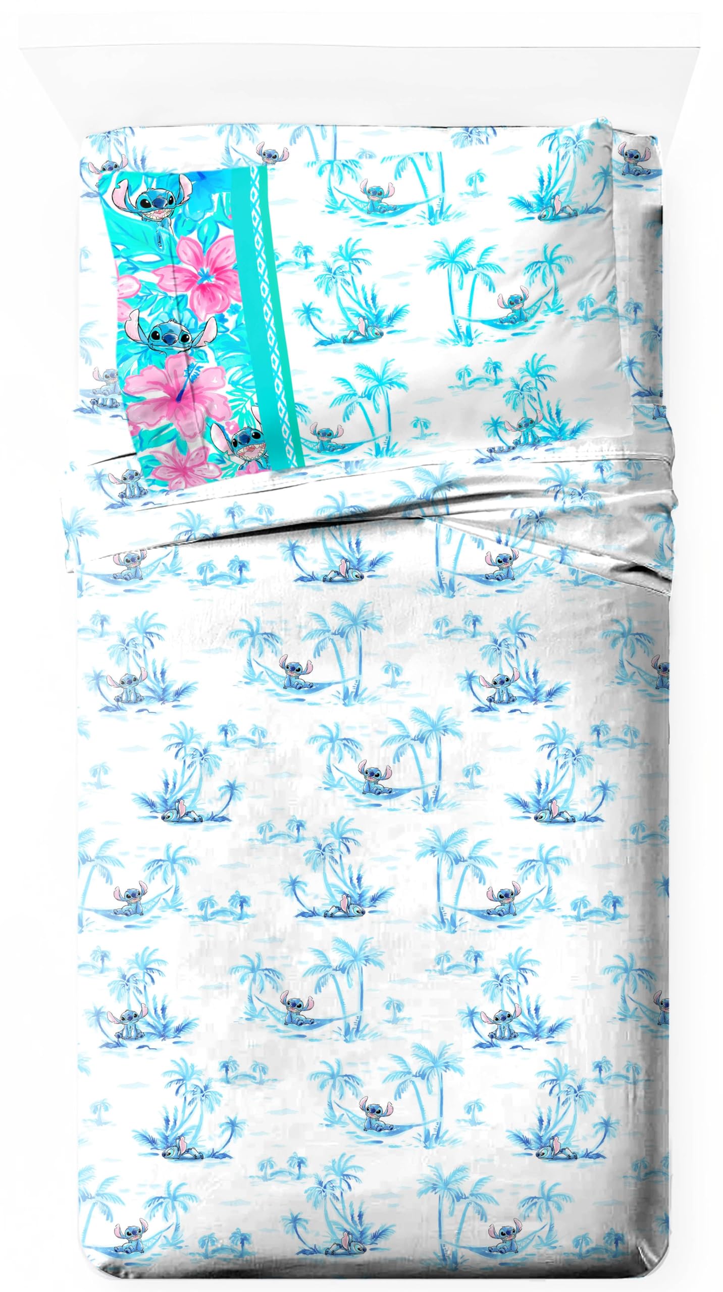 Jay Franco Sheet Set with Fitted, Flat Sheets & Pillow Cover - Ultra-Soft Bedding with Pillowcase for Room Decor, White - Stitch, 3 Piece Twin