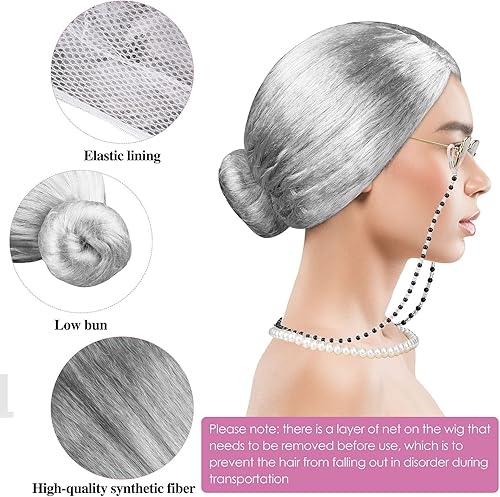 Miniatura 3 de ADXCO - Juego de 6 piezas de peluca de anciana de 100 días de escuela, disfraz de cosplay, peluca de abuela, lentes con cadena y collar y pulsera